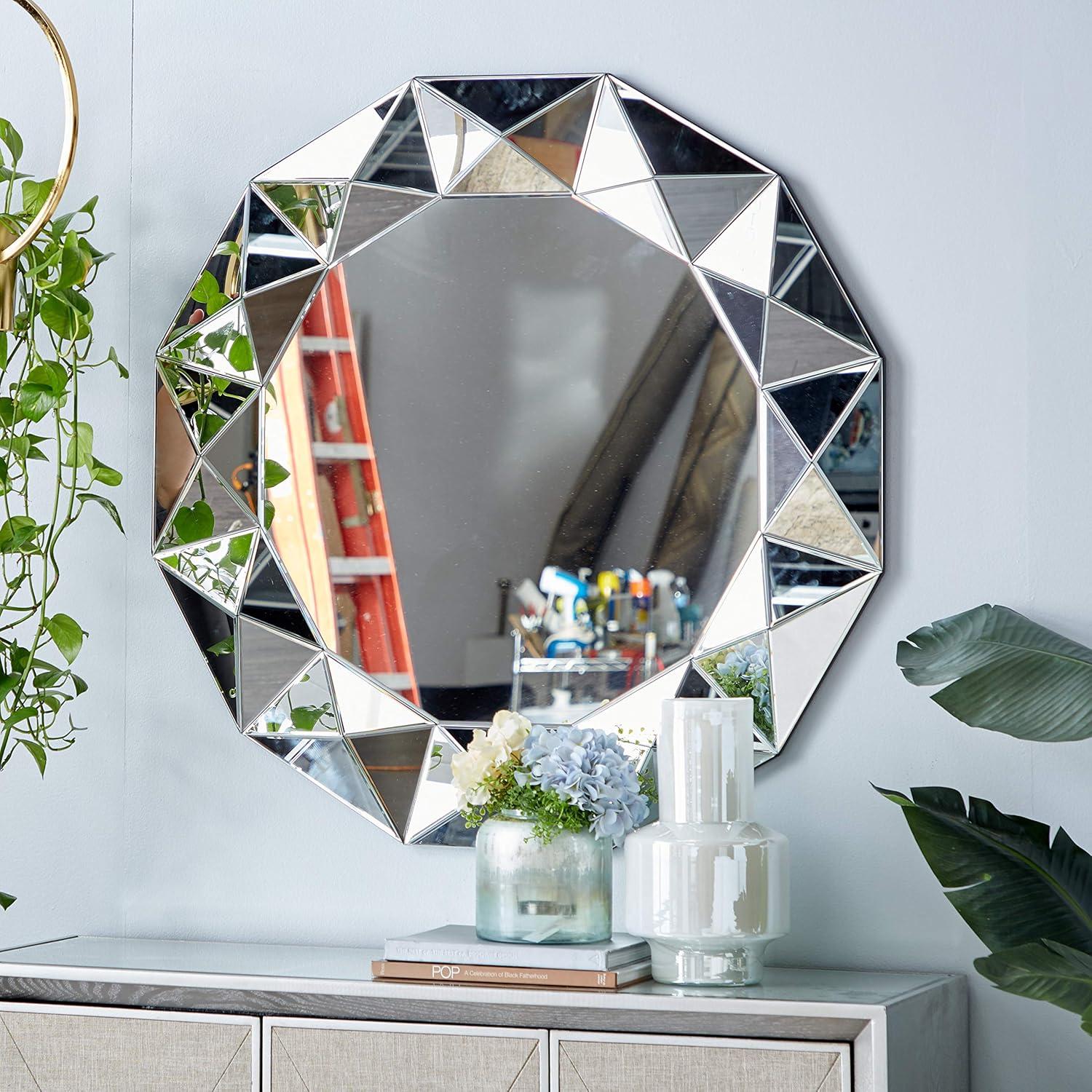 DecMode Glam Glass Silver Round Wall Mirror with Triangular Patterns, 40"D
