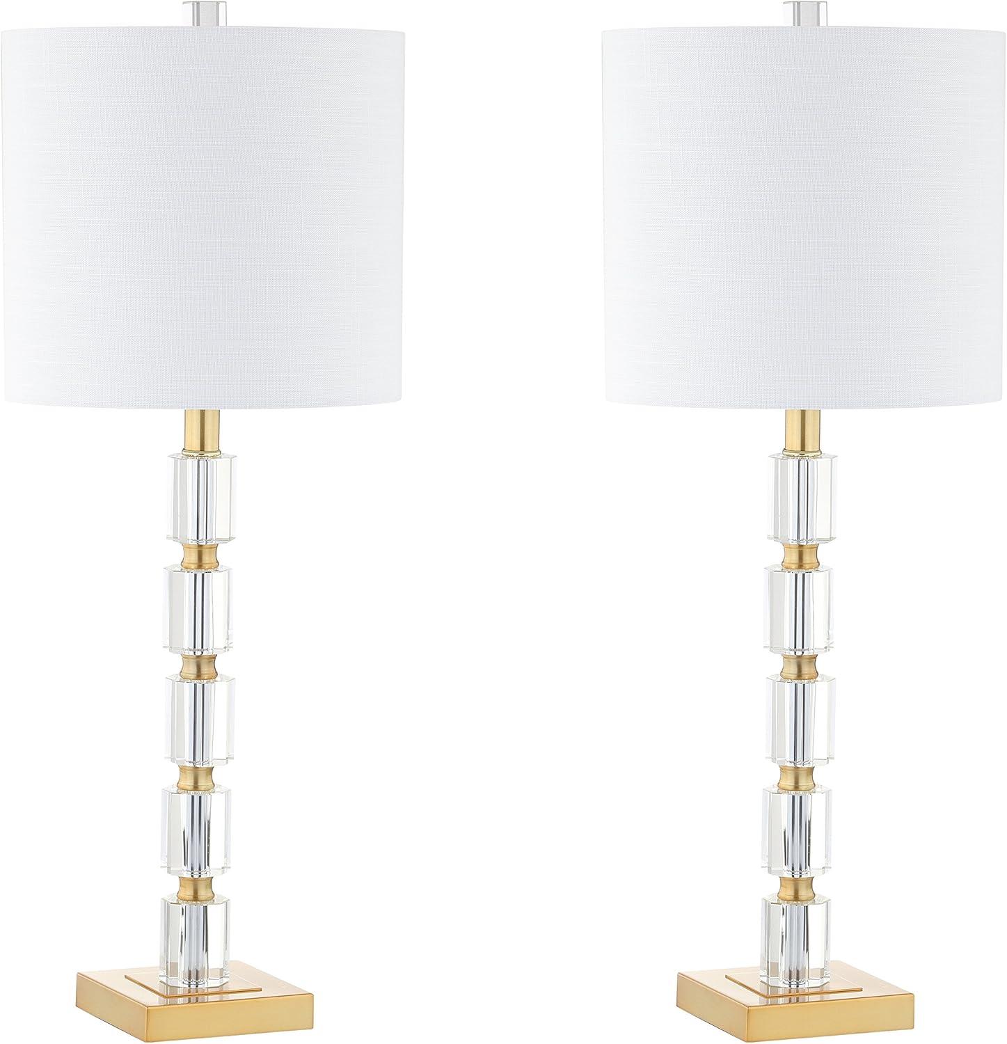 Elegant White Linen Shade Crystal LED Table Lamp Set, 28.5" Height