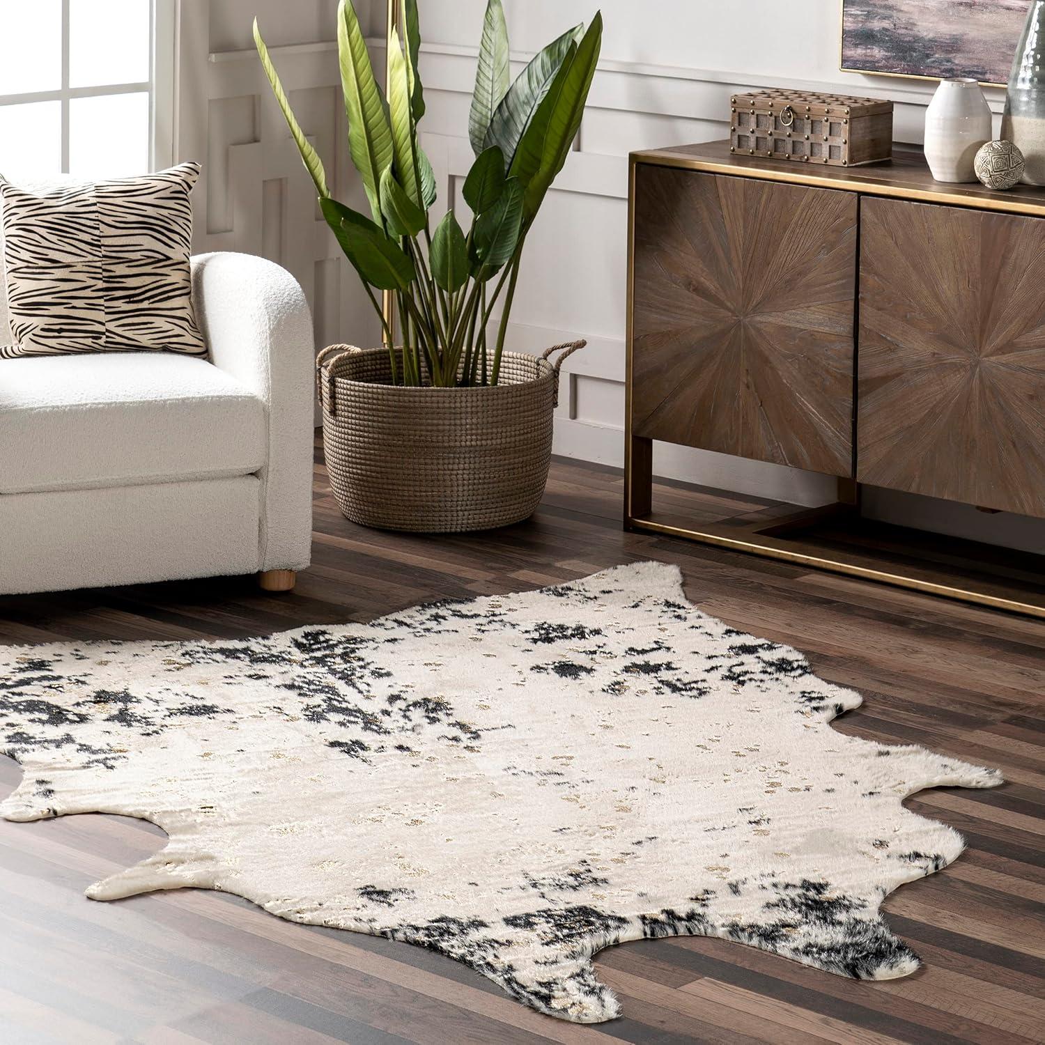 Chehalis Contemporary Faux Cowhide Power Loom Black/Gold Rug