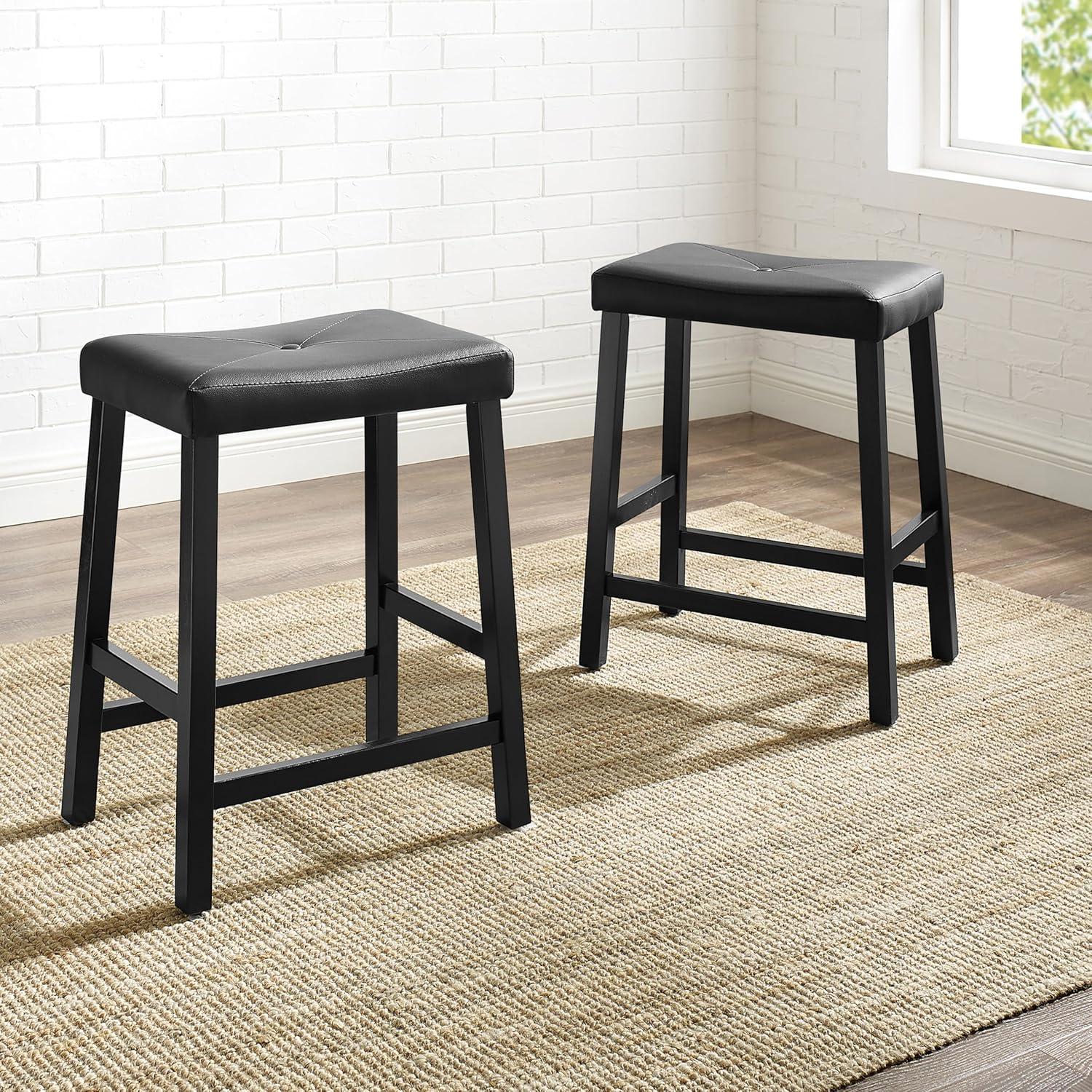 Crosley Set of 2 24" Upholstered Saddle Seat Counter Height Barstools Black: Faux Leather, Wood Frame, Foam Fill
