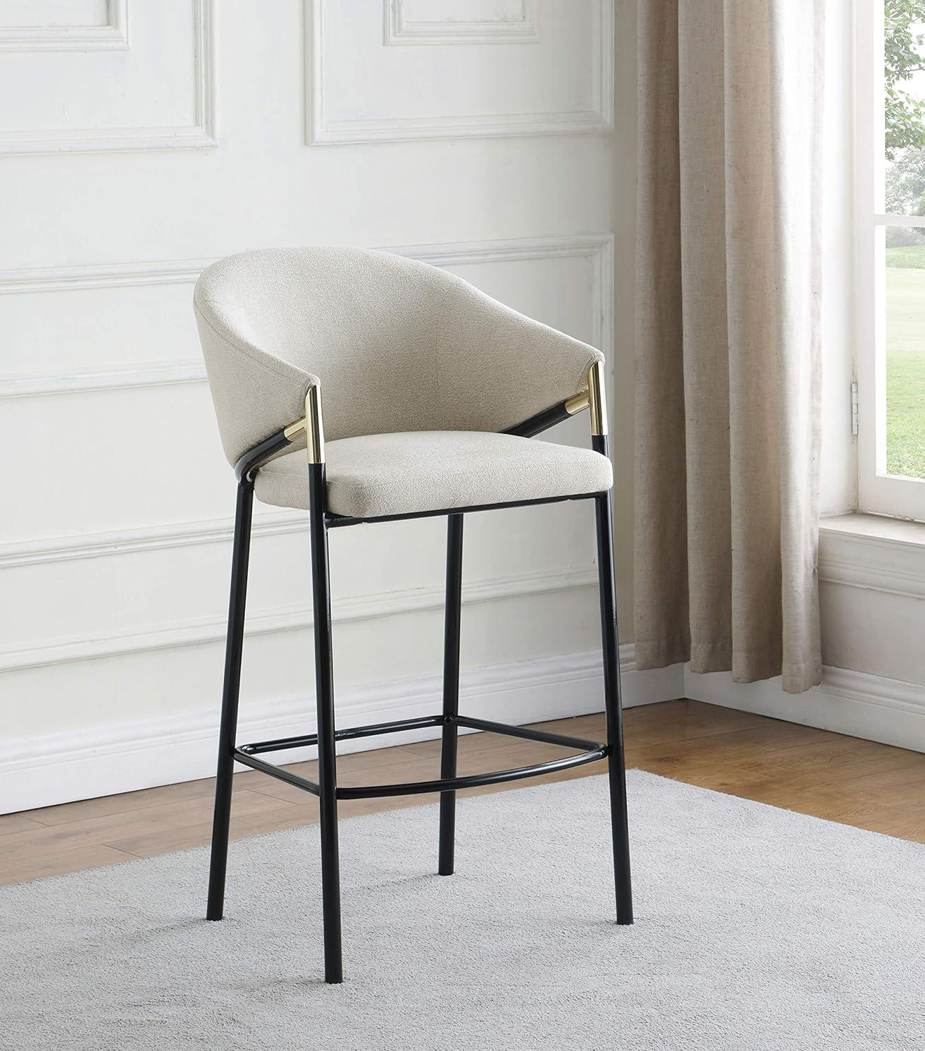 Beige Fabric and Black Metal Bar Height Stools with Sloped Arms