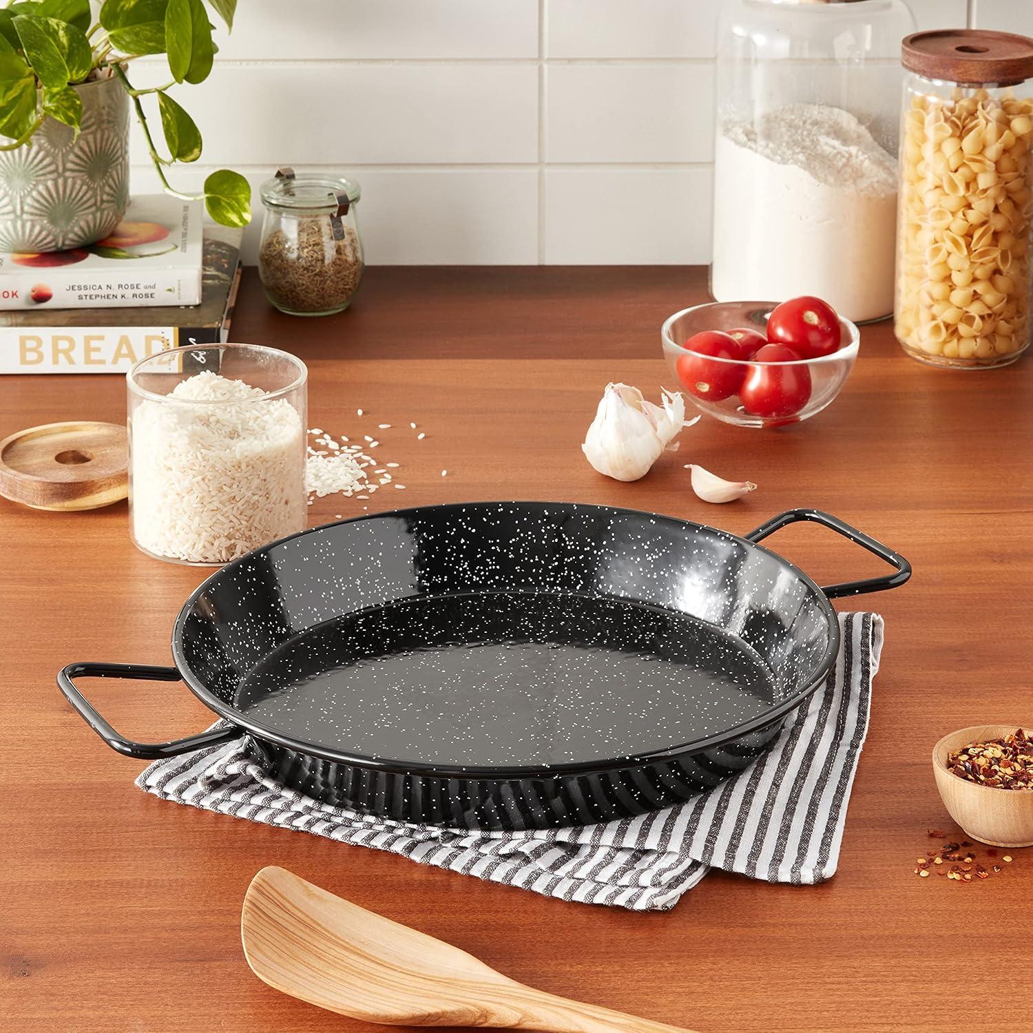 Black and White Speckled 30cm Enameled Steel Paella Pan