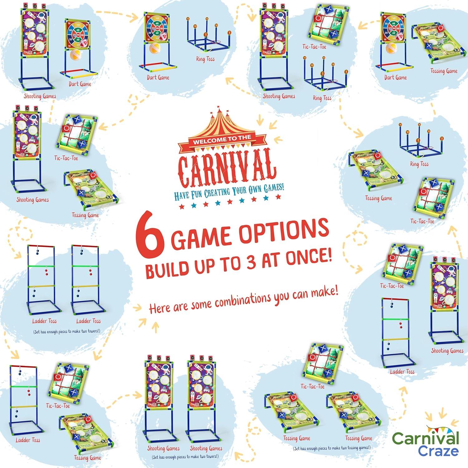 Carnival Yard Games for Kids - Ring Toss, Beanbag Cornhole, Ball Shooting Target Game, Ladder Toss, Darts Board, Tic Tac Toe, Birthday Party Activities, Backyard Outdoor Games and Indoor Family Fun
