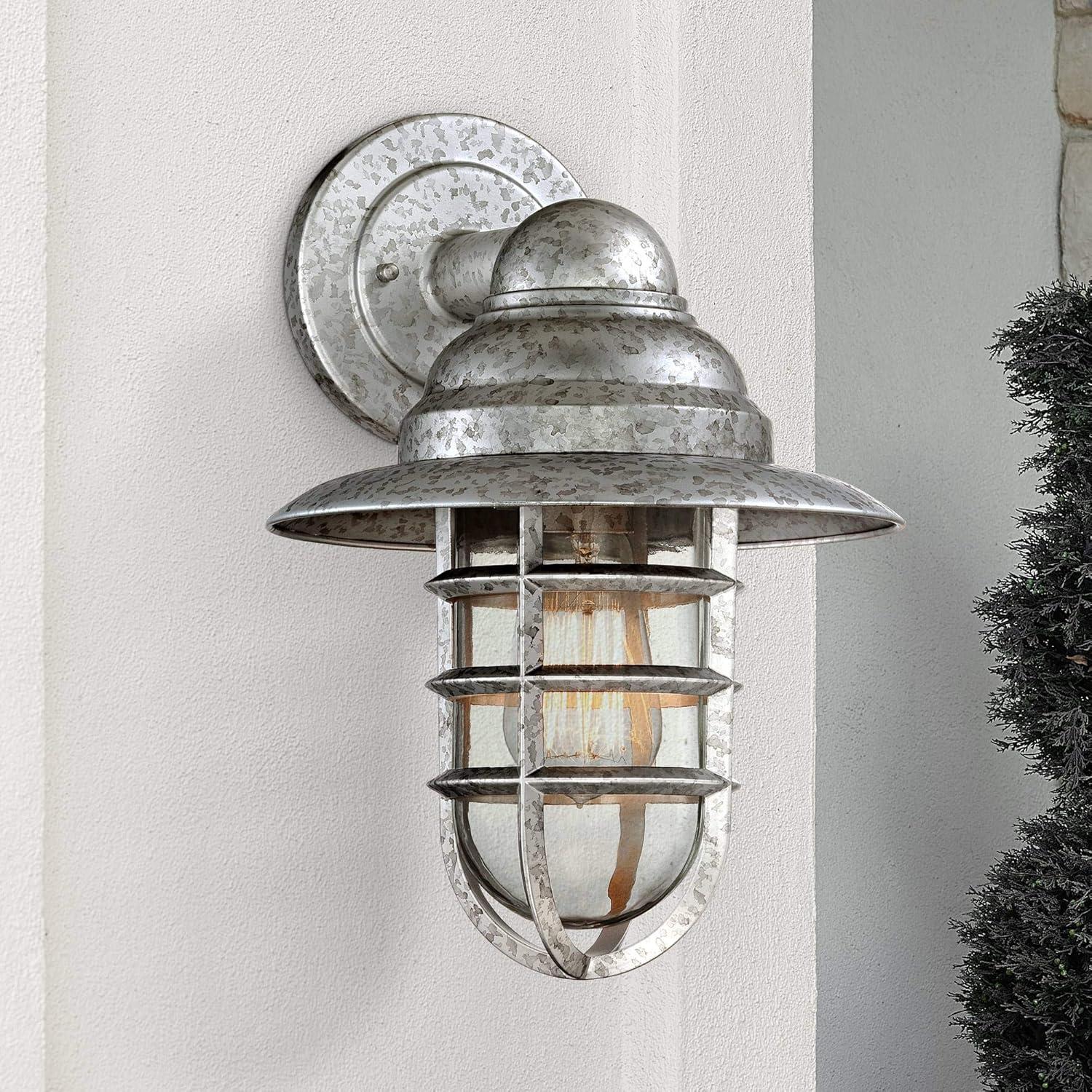 Galvanized Silver Industrial Outdoor Wall Light with Clear Glass