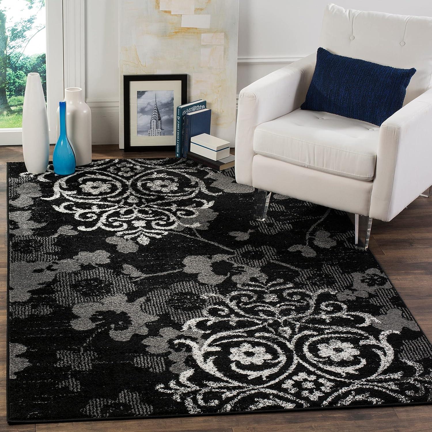 Ivory and Blue Floral Synthetic 6' x 9' Area Rug