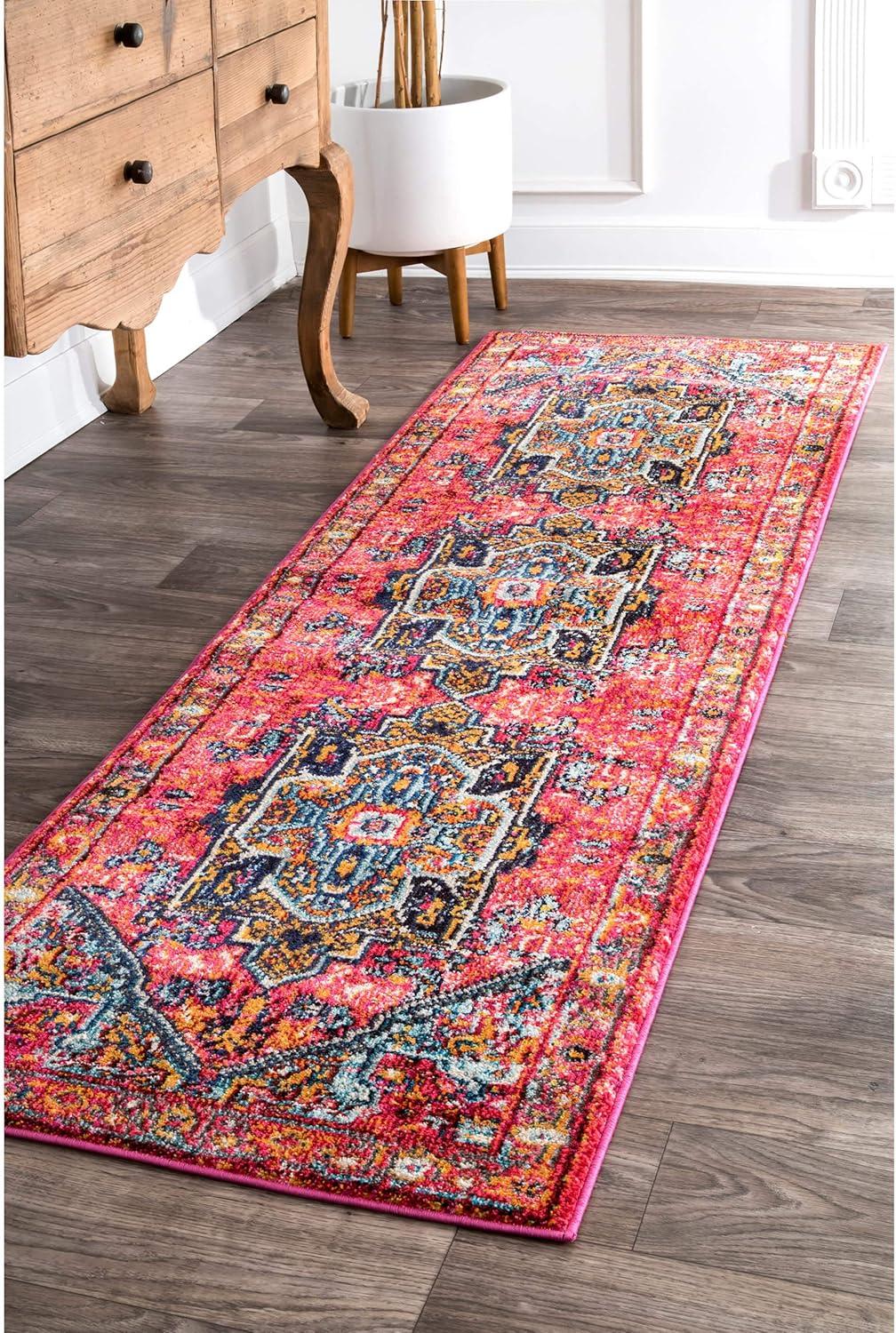 Reyna Blue and Pink Synthetic Medallion Runner Rug