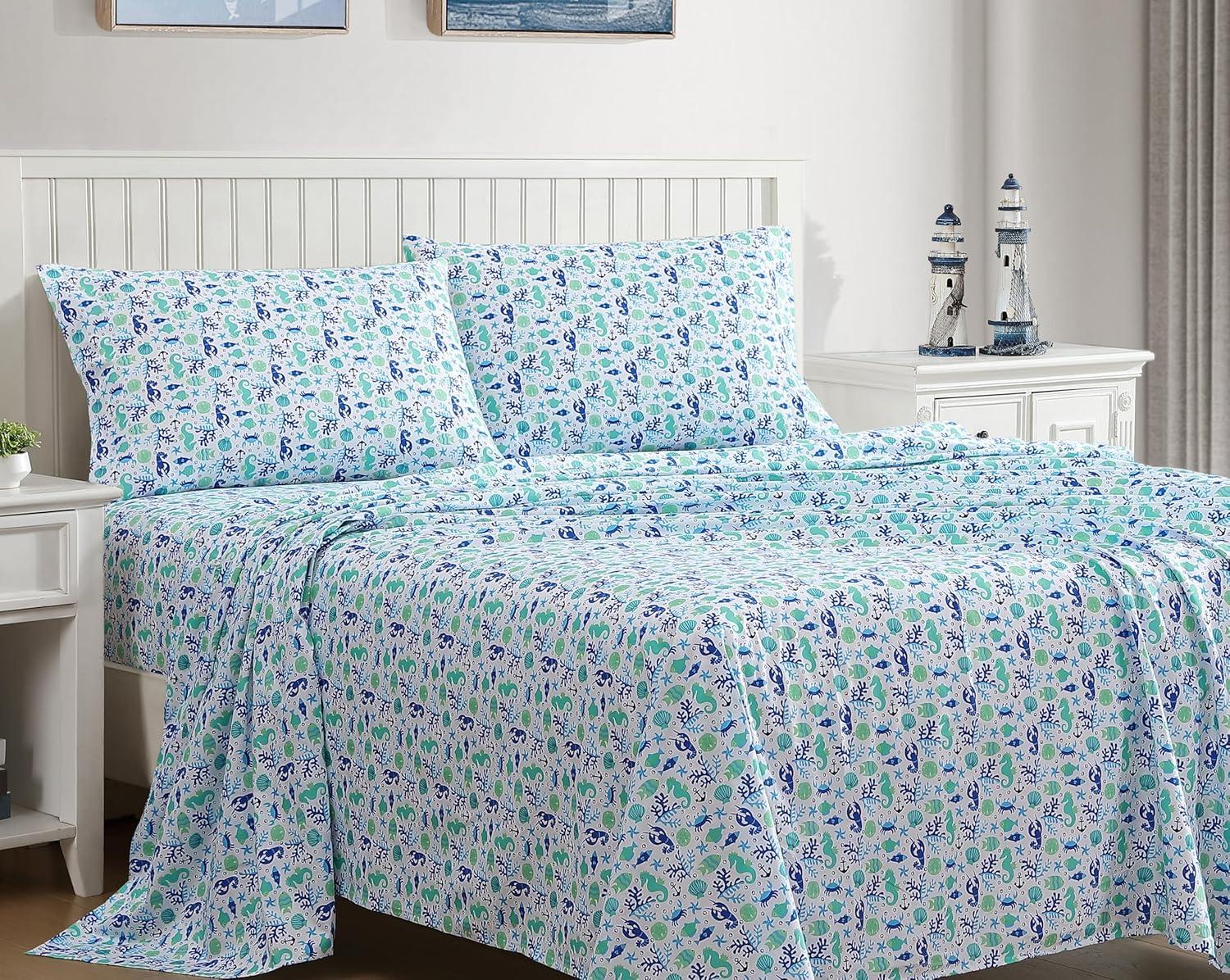 Coastal Print Microfiber Sheet Set, Full, Clearwater Aqua