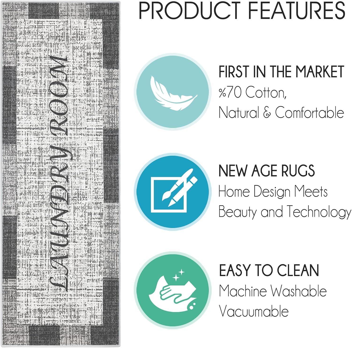 SUSSEXHOME Washable Indoor Laundry Room Rug Runner - 70 % Cotton Kitchen Floor Mat[Gray&White]