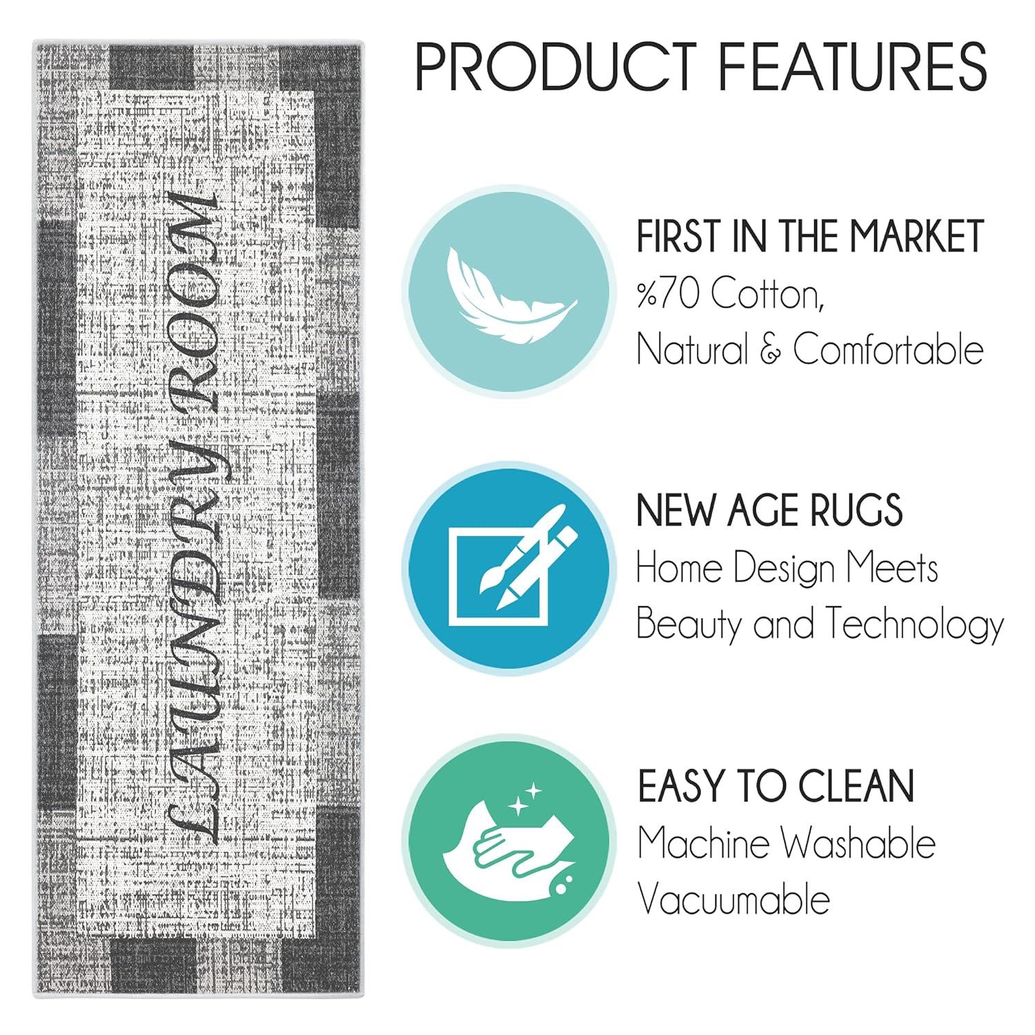 SUSSEXHOME Washable Indoor Laundry Room Rug Runner - 70 % Cotton Kitchen Floor Mat[Gray&White]