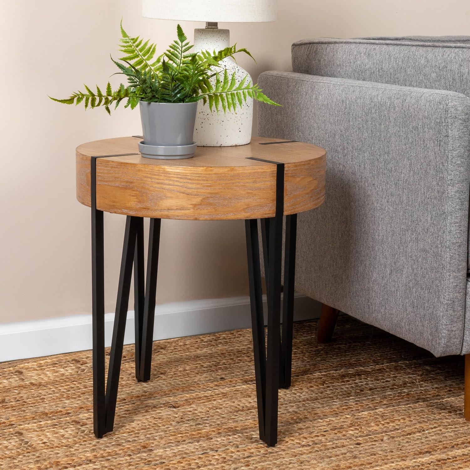 Storied Home Astoria Wood End Accent Table Natural/Black: Iron Hairpin Legs, Pacific Northwest Inspired, Round Shape