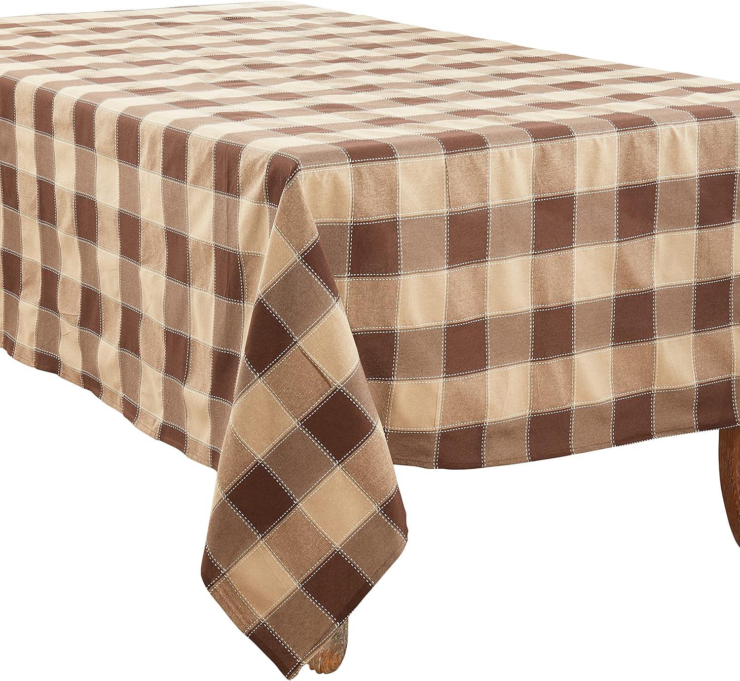 Mocha Stitched Plaid Cotton Blend Tablecloth, 70" x 140"