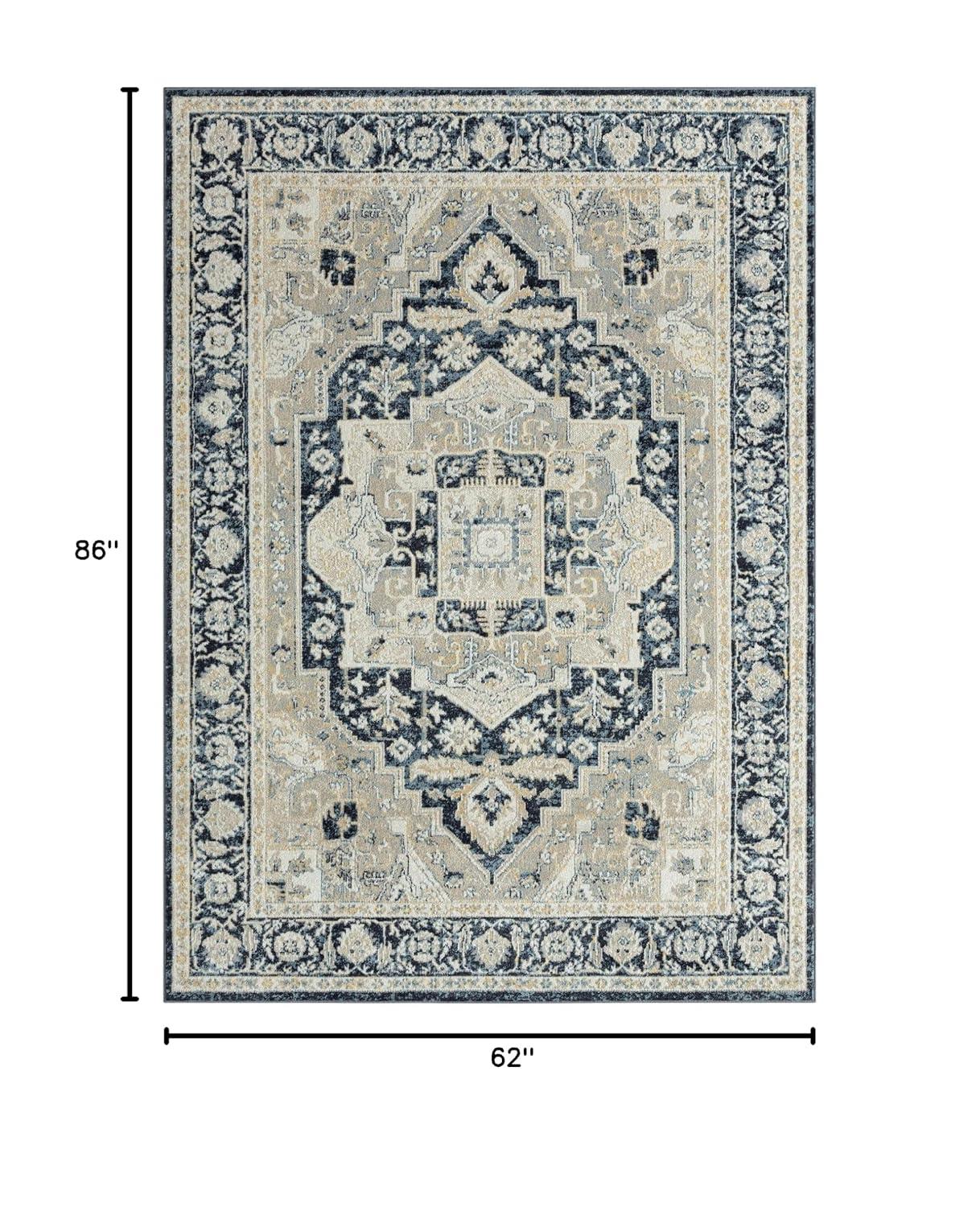 Everwash Treasure Rubia Traditional Medallion Machine Washable Area Rug, Ivory/Navy Blue, 5'2"x7'2"
