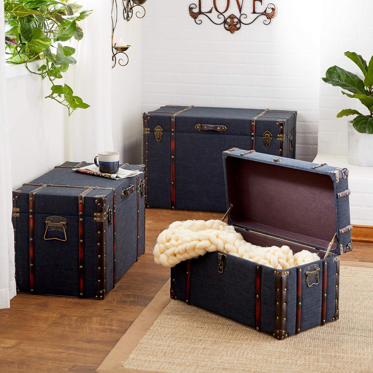 Blue Linen and Brass Accented Nesting Storage Trunks, Set of 3