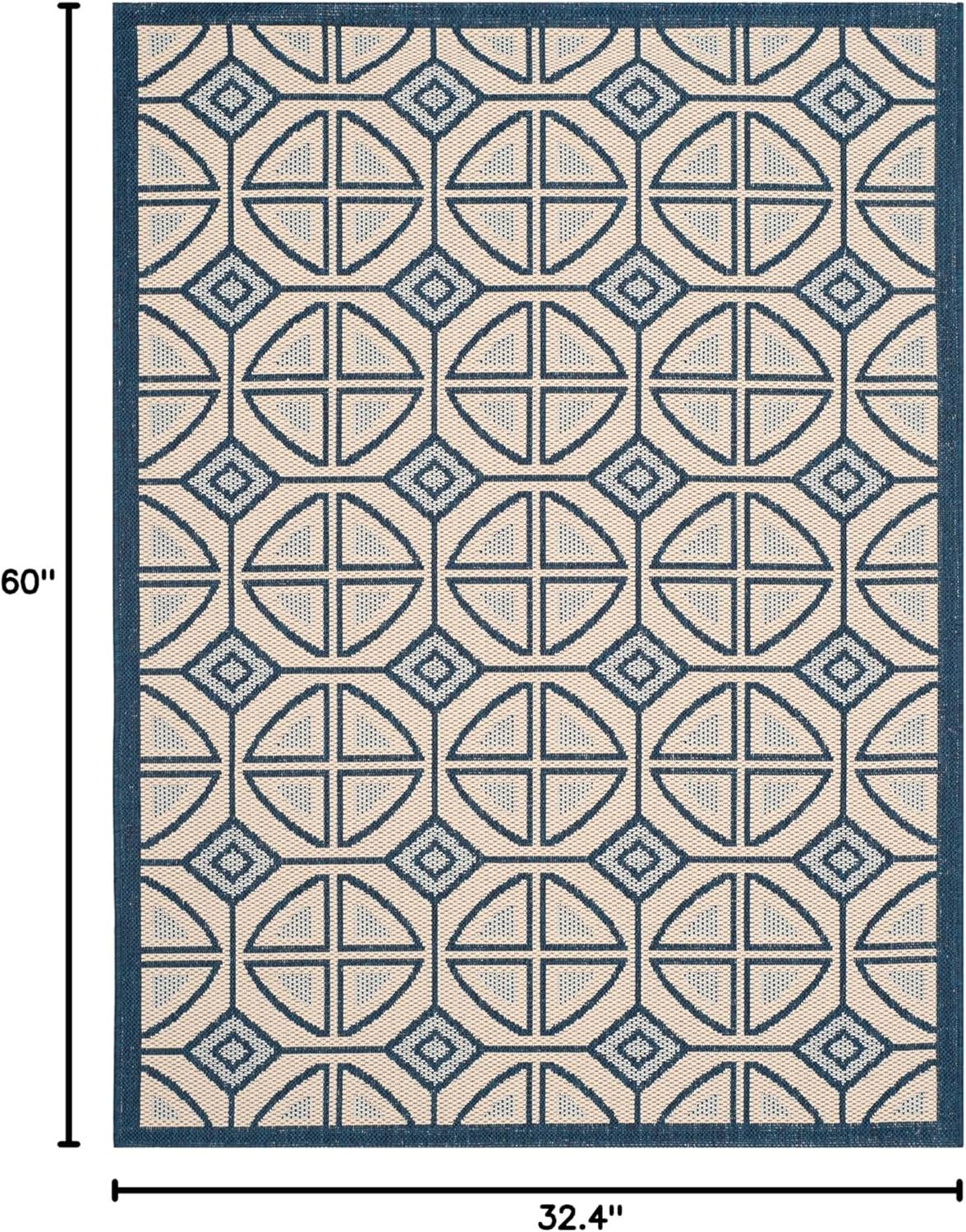 SAFAVIEH Courtyard Adam Geometric Indoor/Outdoor Area Rug, Beige/Navy, 2'7" x 5'