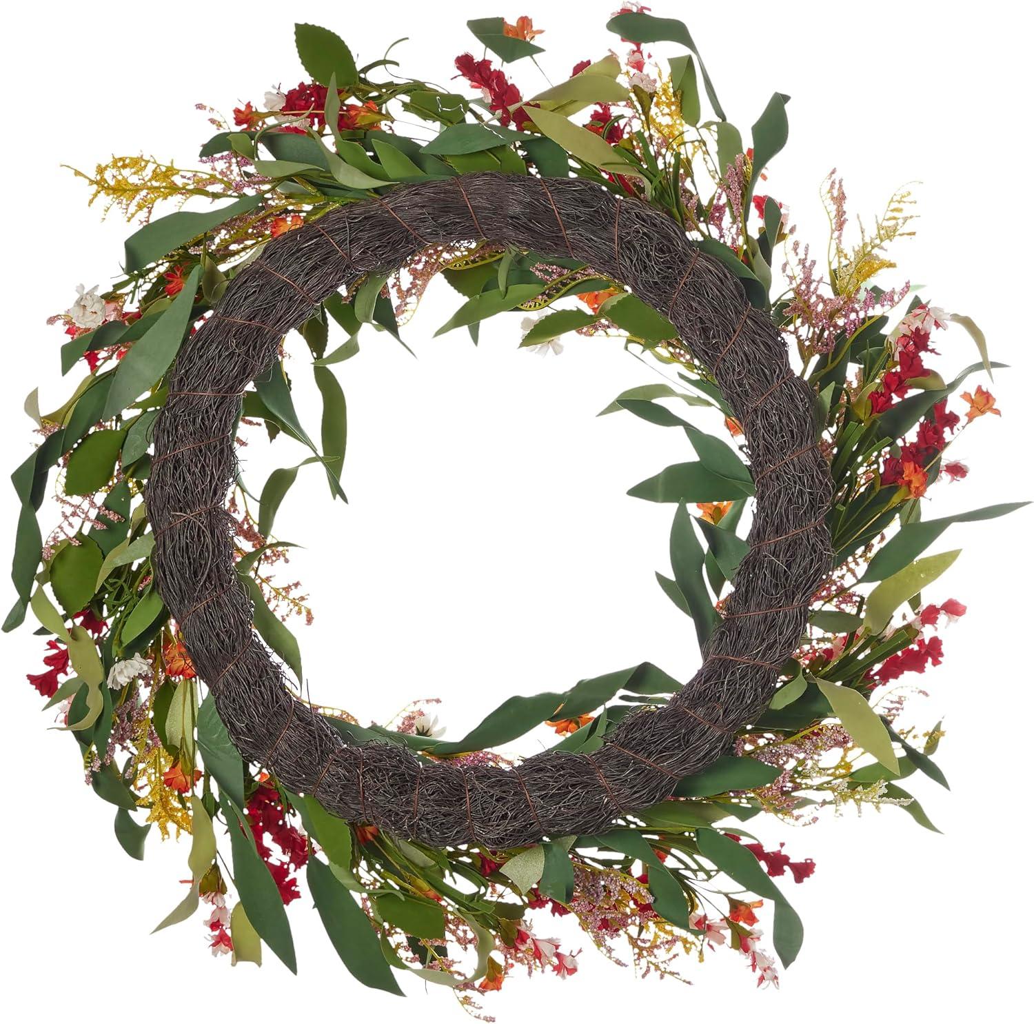 Christmas Raya 26in Wreath, w/ Artificial Narrow Leaf Eucalyptus, Wild Daisy, Larkspur, & Limonium