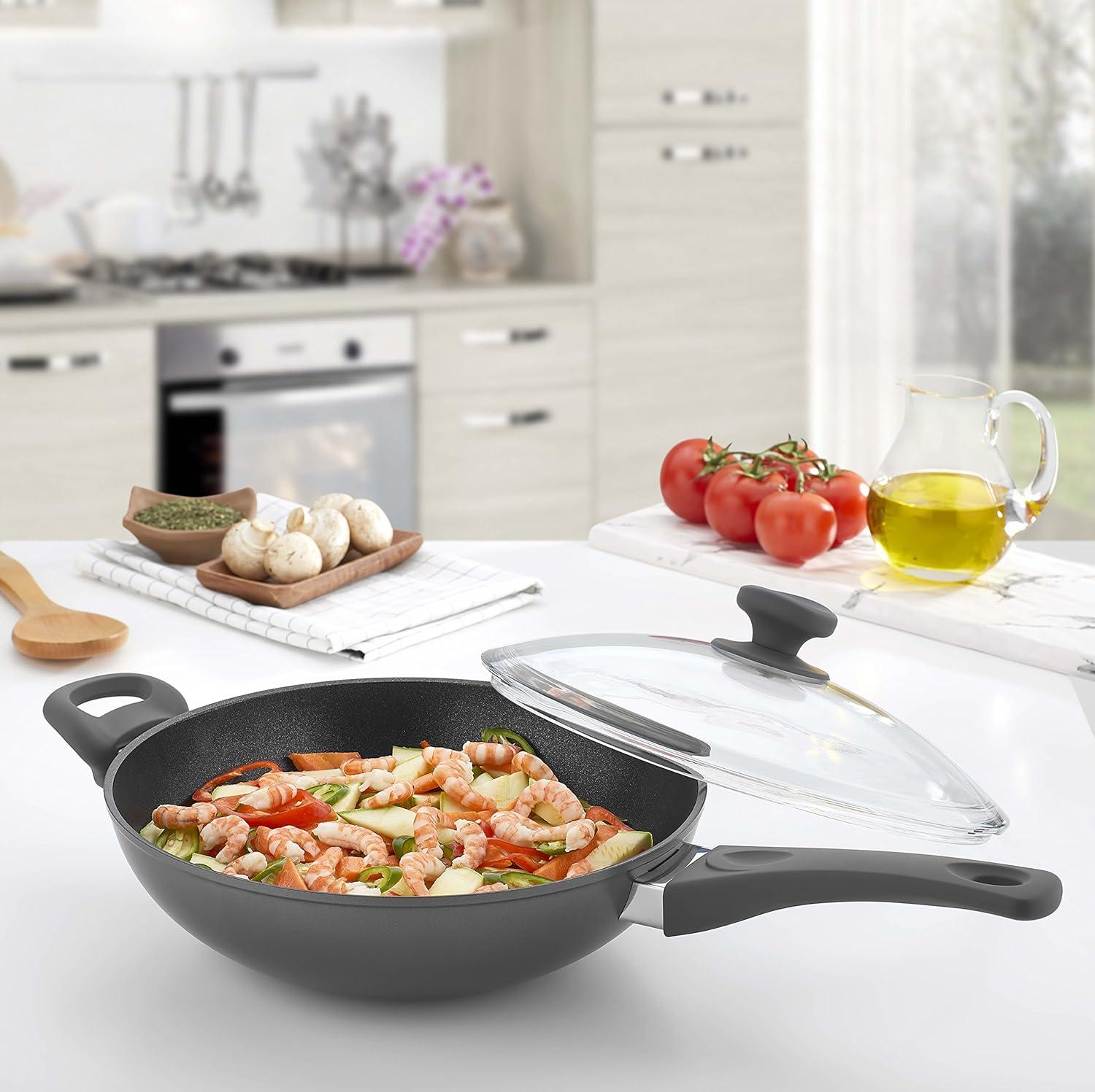 Titanium Nonstick 11 Inch Wok and Stir Fry Pan with Glass Lid Forged Aluminum with PFOA Free Scratch Resistant (Gray)