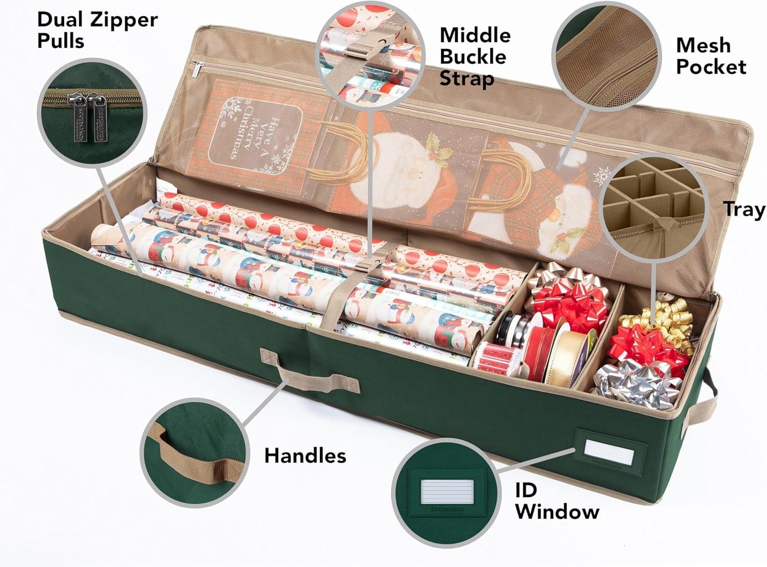 Covermates Keepsakes Gift Wrap Organizer - Holds up to 25 Rolls - Heavy Duty - Accessory Trays with Adjustable Compartments - Mesh Pocket - Holiday Storage, Green