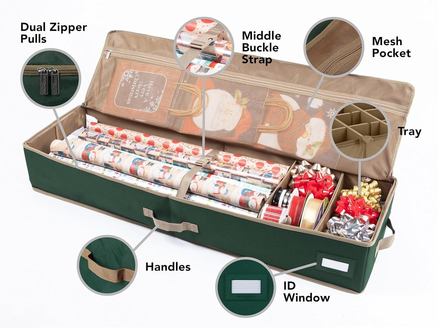 Covermates Keepsakes Gift Wrap Organizer - Holds up to 25 Rolls - Heavy Duty - Accessory Trays with Adjustable Compartments - Mesh Pocket - Holiday Storage, Green