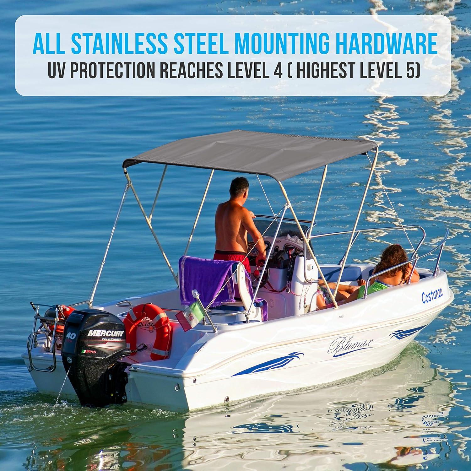 SereneLife 3 Bow Bimini Top - 2 Straps And 2 Rear Support Poles With Marine-Grade 600D Polyester Canvas (Gray) | Wayfair