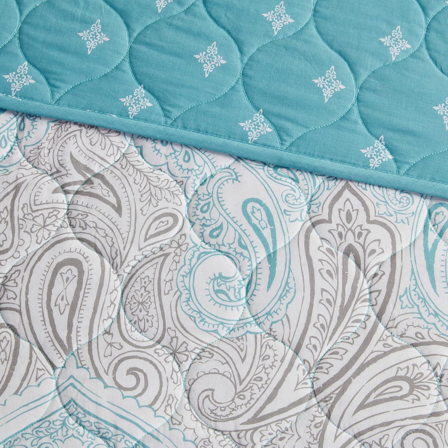 Madison Park Cardi Reversible Cotton Quilt Set - Paisley Design, Boho Reverse Summer Breathable Coverlet, Lightweight All Season Bedding Layer, Shams, Full/Queen(90"x90"), Teal 3 Piece