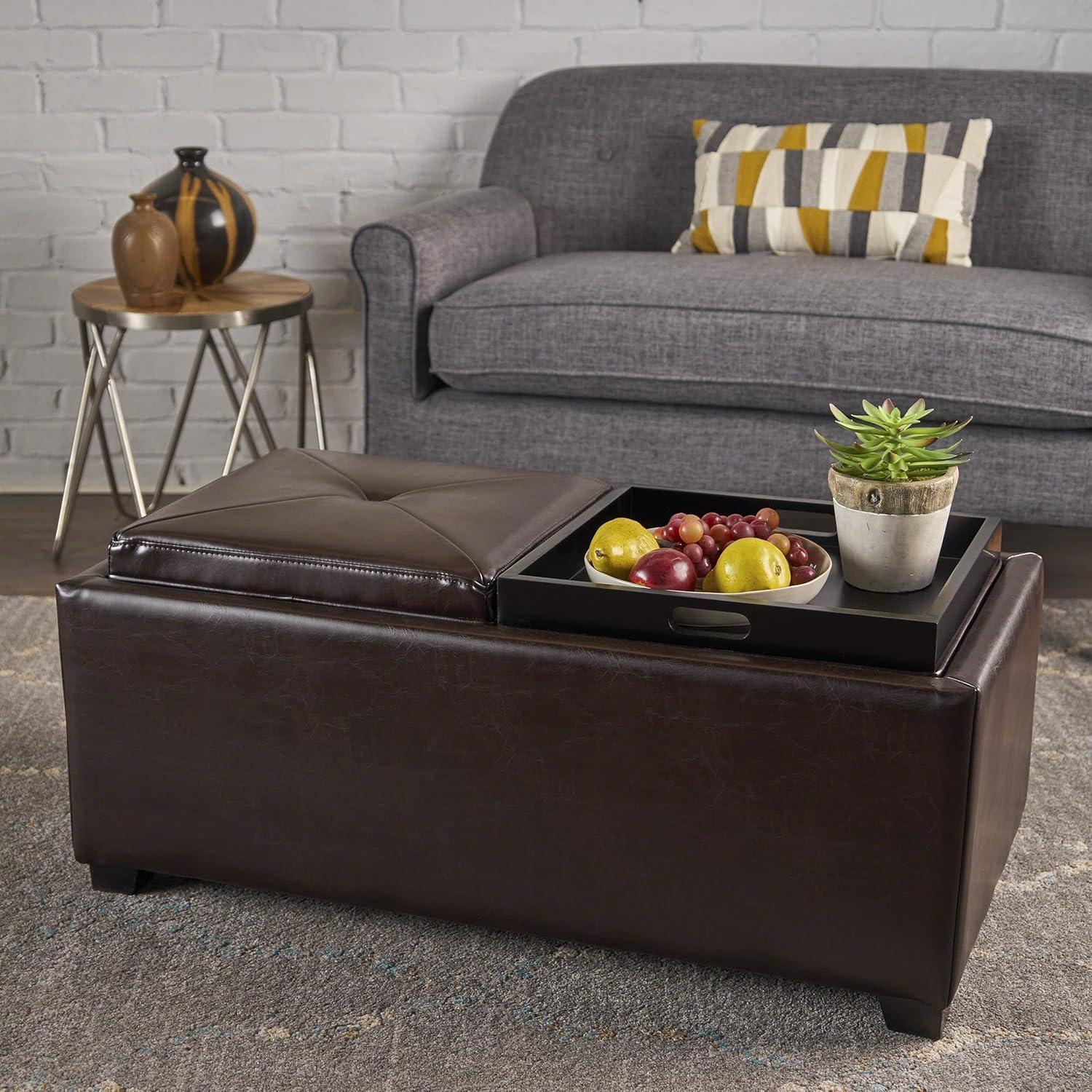 SUSIMOND Maxwell Bonded Leather Double Tray Ottoman, Brown , 38 x 19x 17inches