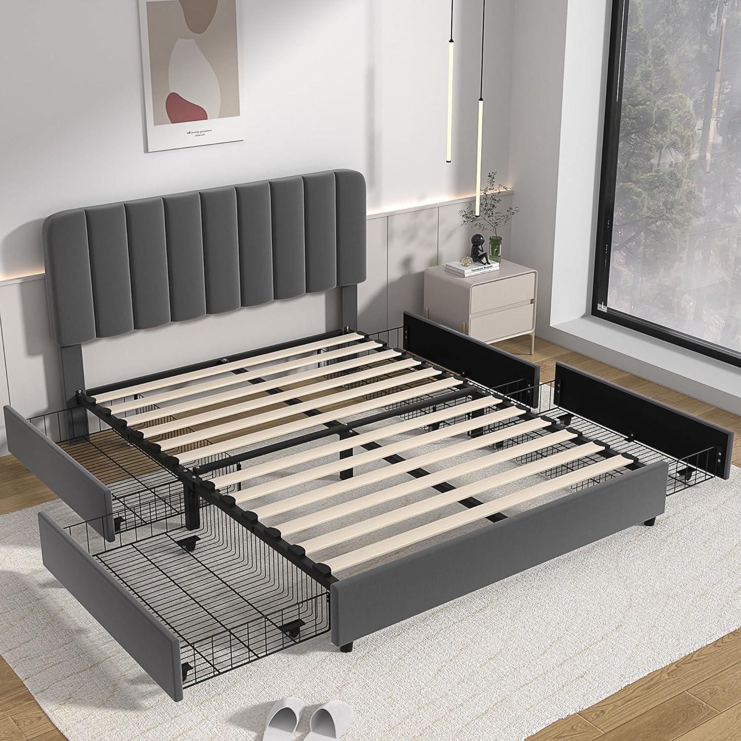 Queen Size Gray Velvet Upholstered Bed Frame with Storage Drawers