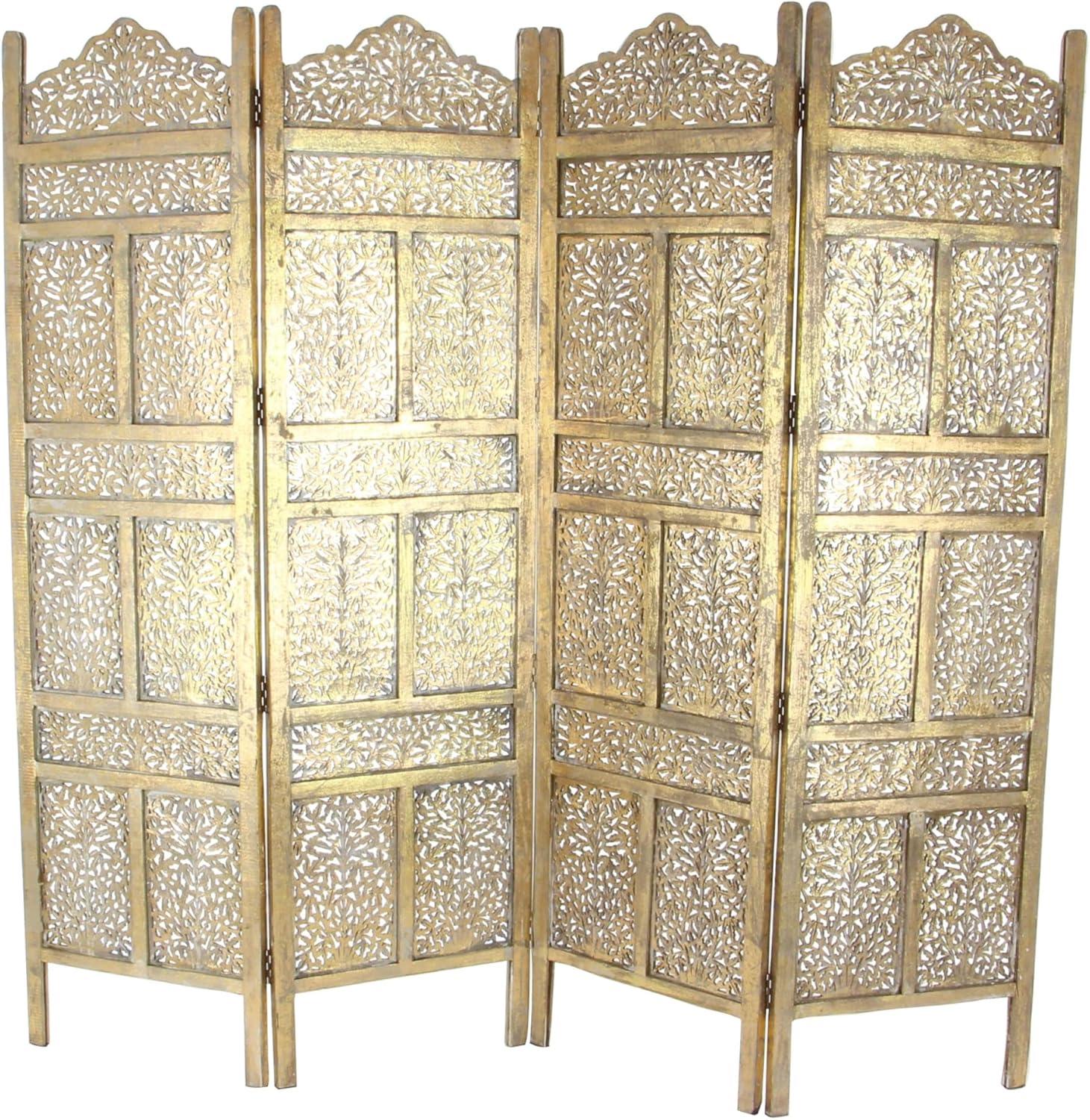 DecMode 80" x 72" Gold Wooden Scroll Handmade Hinged Foldable Partition 4 Panel Room Divider Screen with Carved Elephant Accents, 1-Piece