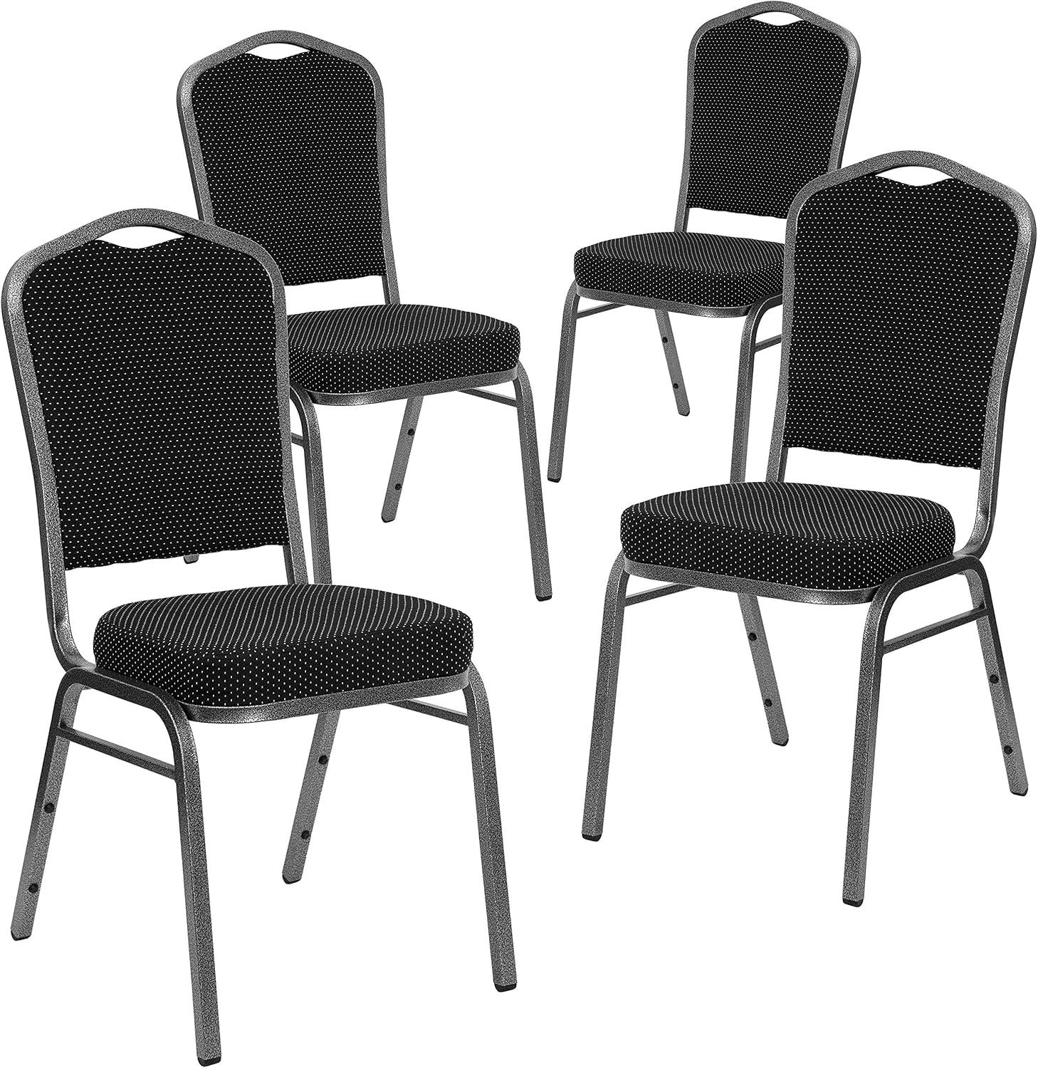 BizChair 4 Pack Crown Back Stacking Banquet Chair in Black Patterned Fabric - Silver Vein Frame
