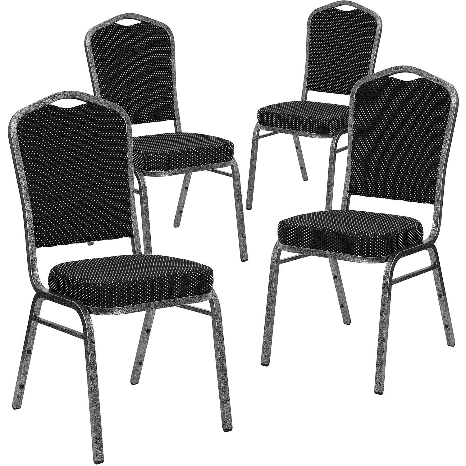 BizChair 4 Pack Crown Back Stacking Banquet Chair in Black Patterned Fabric - Silver Vein Frame