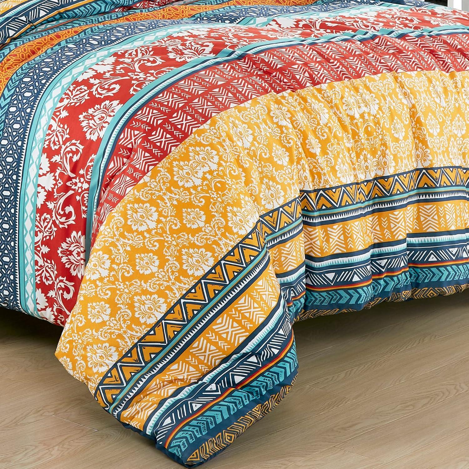 Chezmoi Collection Amara 3-Piece Boho Stripe King Comforter Set, Floral Colorful Bohemian Printed Microfiber Lightweight Bedding Set