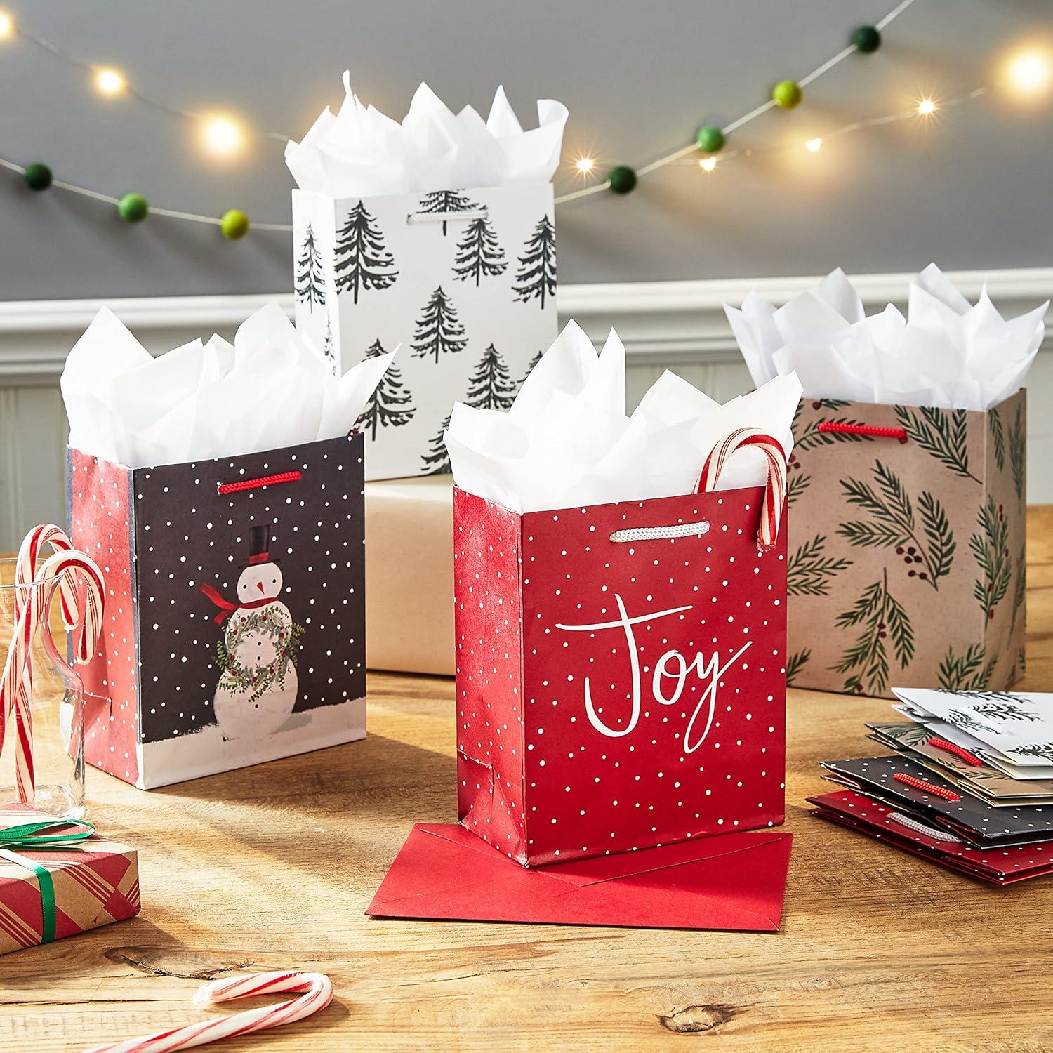 Hallmark 6" Small Holiday Gift Bags (8 Bags: Winter Foliage, Rustic Snowman, "Joy" on Red, Black and White Trees)