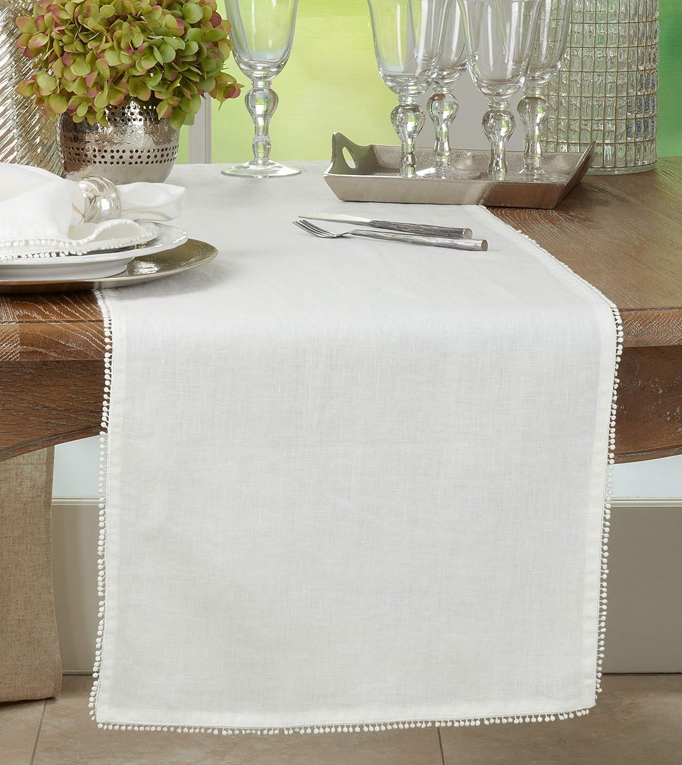 Ivory Linen Pompom Design Table Runner, 16 x 72 Inches