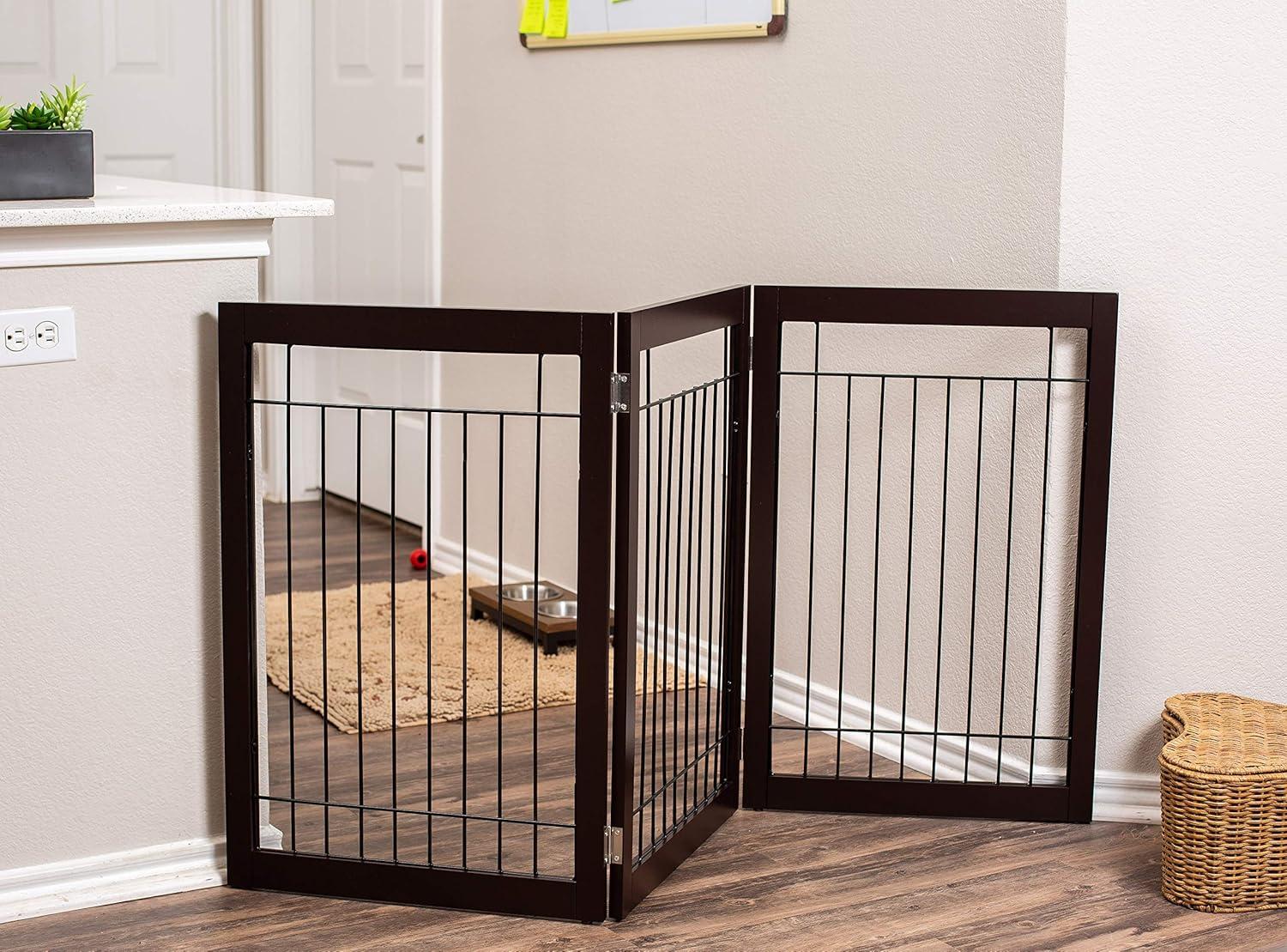 Espresso Freestanding 3-Panel Dog Gate with Wire Mesh