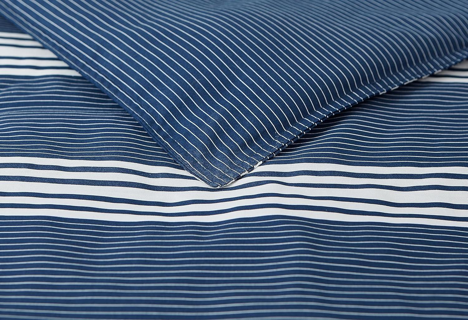 Navy and White Striped Cotton King Duvet Cover Set