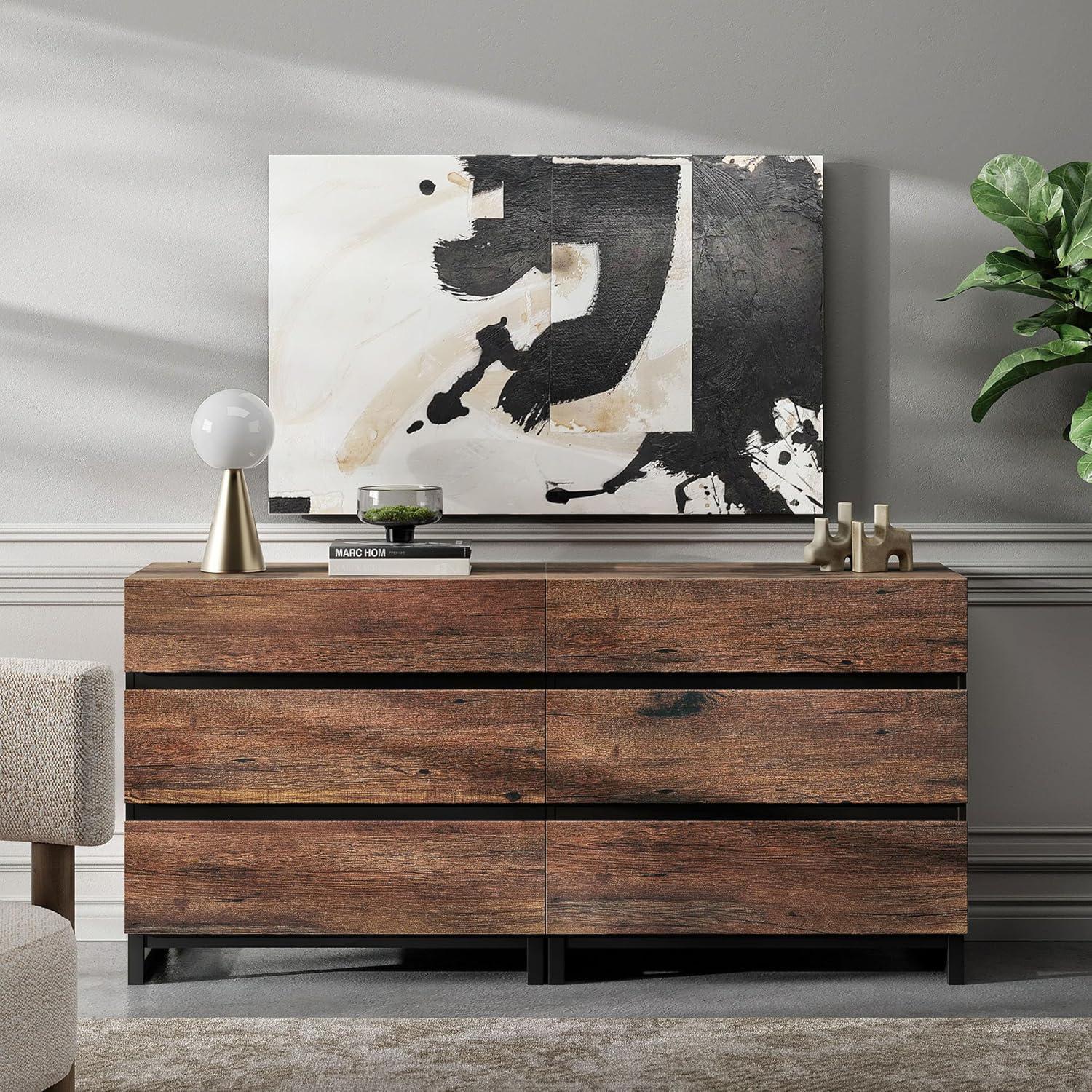 WAMPAT Dresser for Bedroom, Closet Organizers and Storage with 6 Drawers, Chest of Drawers with Metal Base, Modern Wood Dresser for Living Room, Entryway, Brown