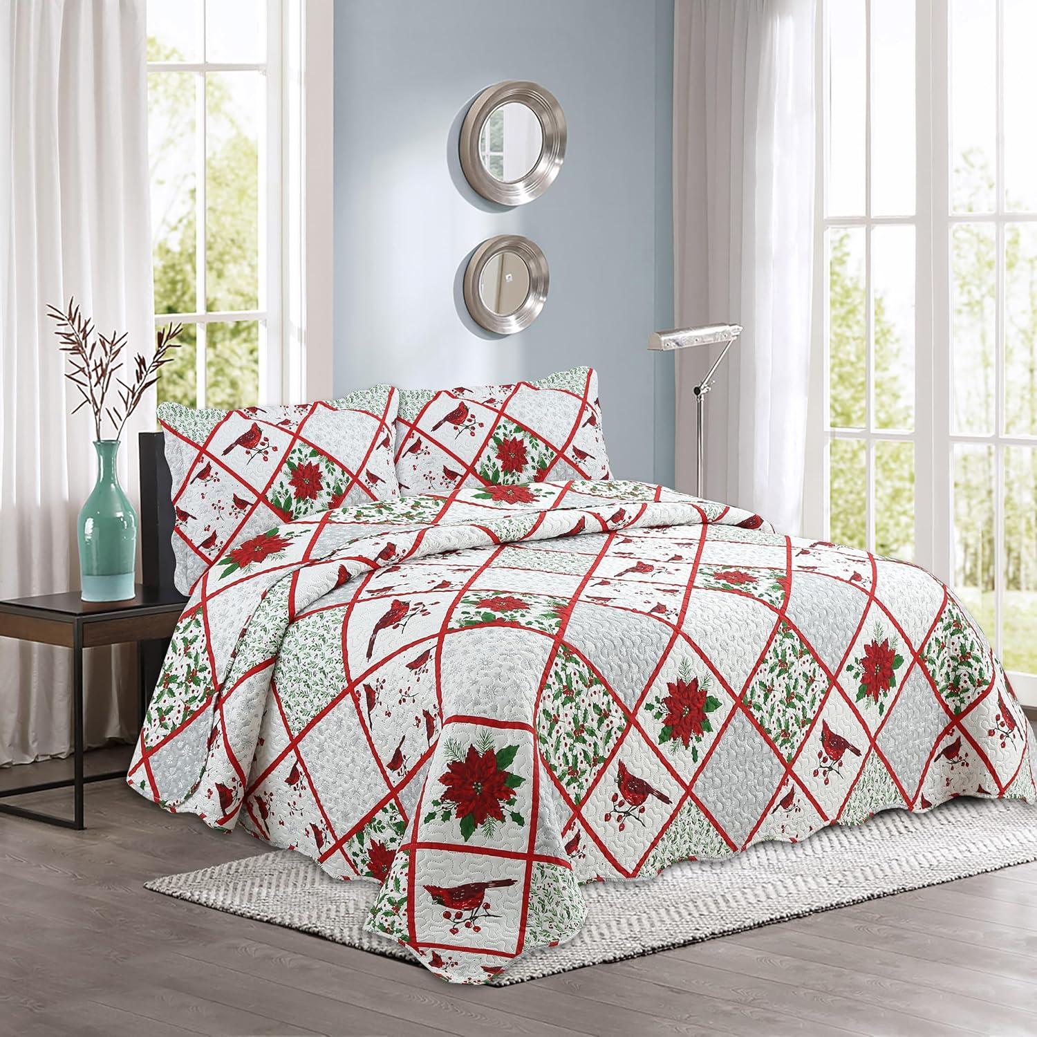 Printed Embossed Pinsonic Bedspread Soft Bedding Christmas Quilt Set, Red Cardinal Poinsettia