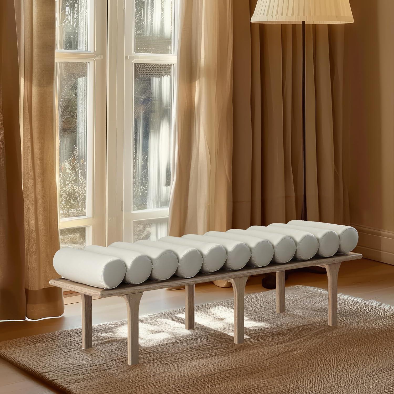 Cream Vegan Leather and Oak Art Deco Bench