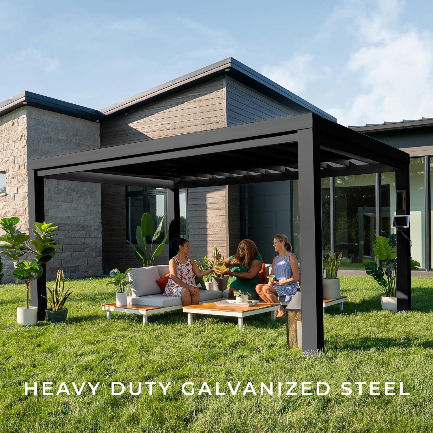 Backyard Discovery Backyard Discovery Windham 14' x 10' Modern Galvanized Steel Outdoor Patio Pergola Kit with Shade Sail Canopy and PowerPort