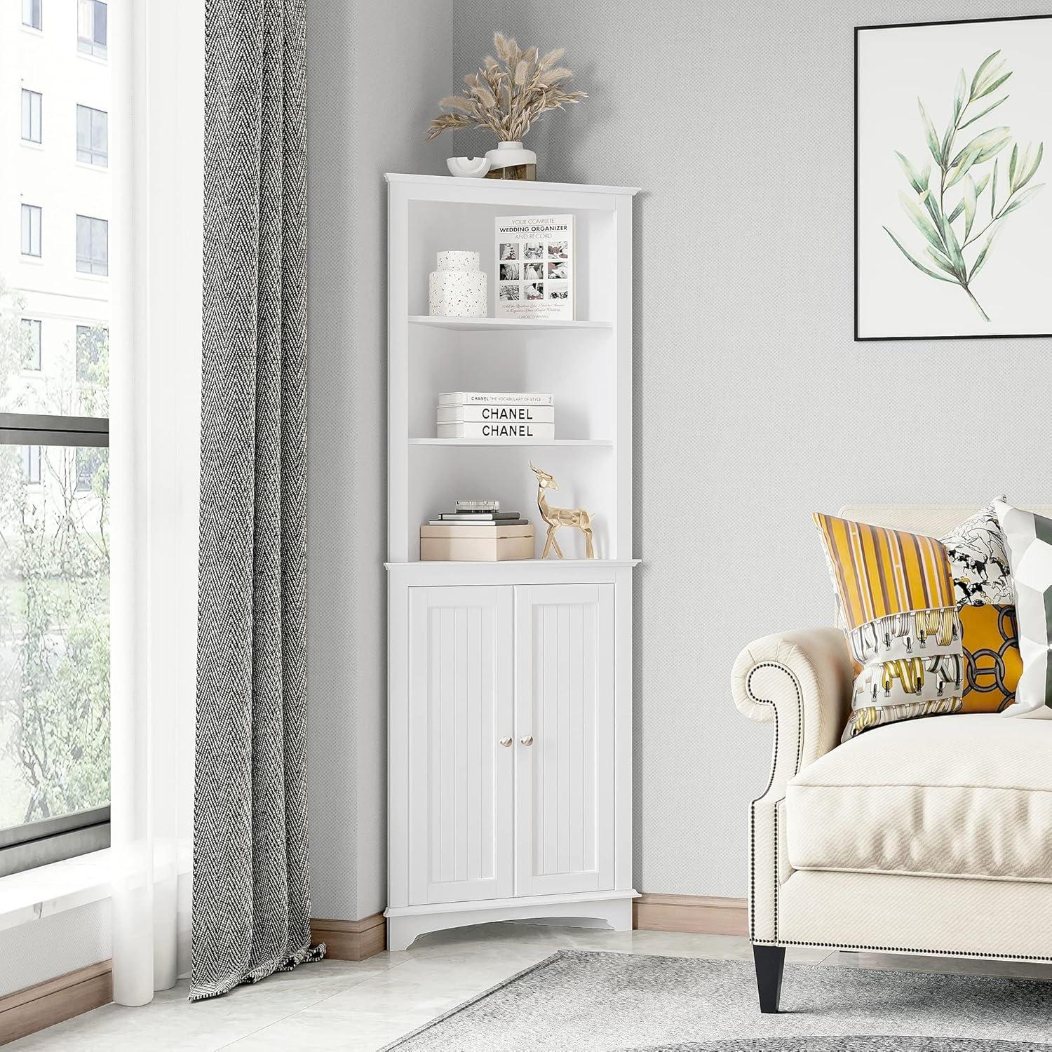 Tall White Lockable Corner Cabinet with Adjustable Shelving