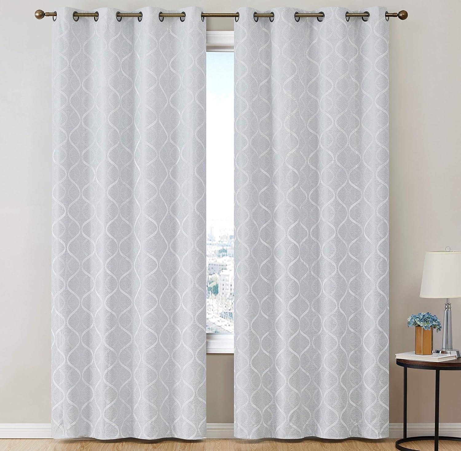 HLC.ME Versailles Lattice Flocked 100% Complete Blackout Thermal Insulated Window Curtain Grommet Panels, Set of 2 - Ivory, 50 W x 84 L