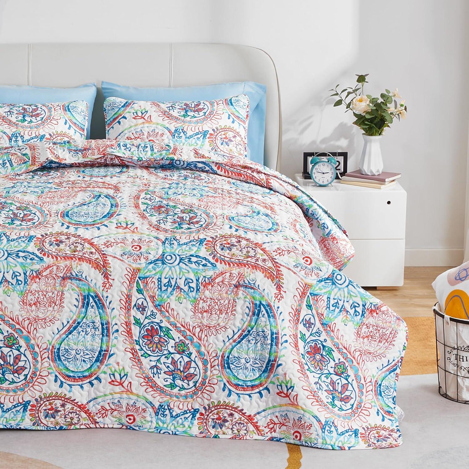 Paisley Blue and Red Reversible Microfiber Full Quilt Set