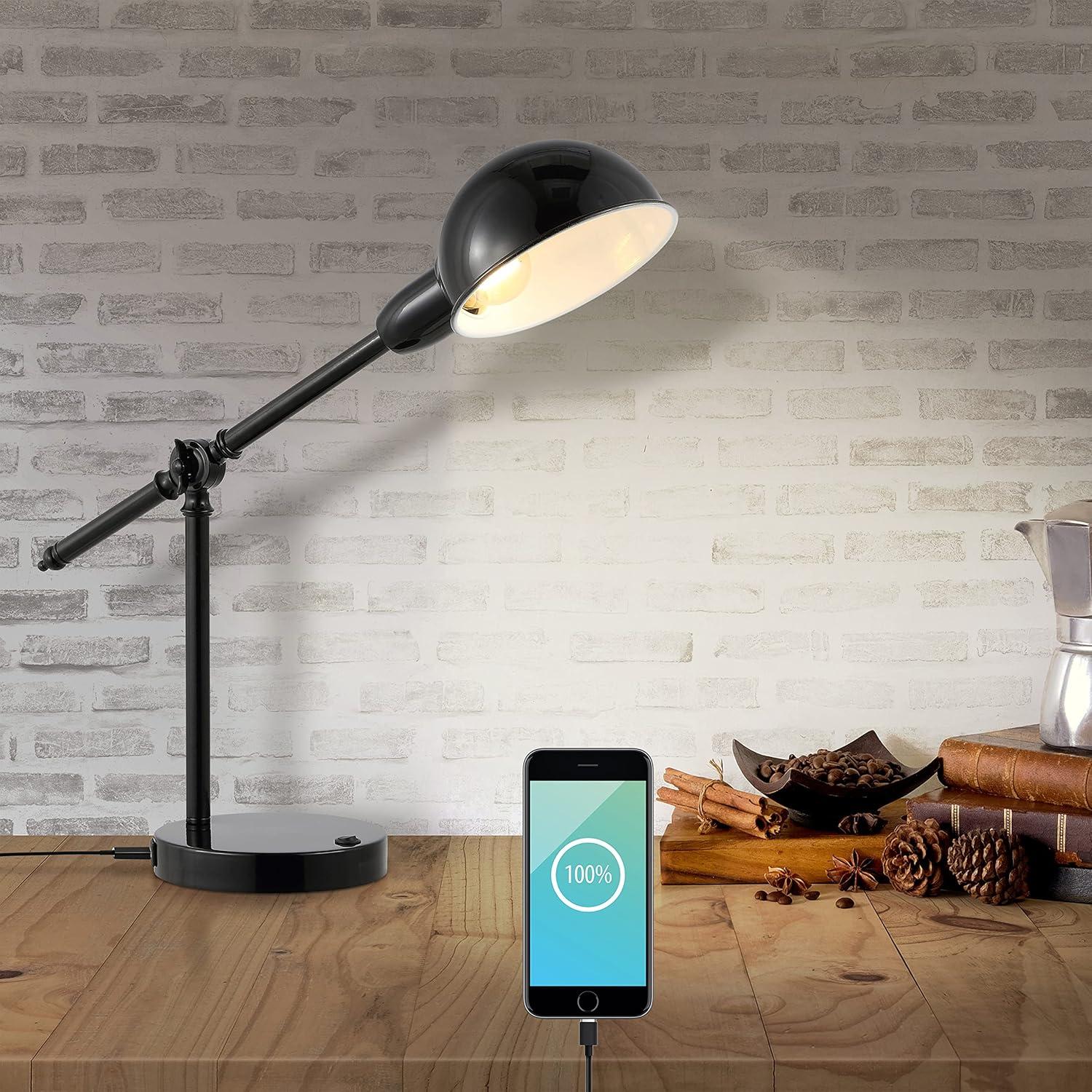 JONATHAN Y JYL7123A Curtis 20.25" Vintage Industrial Iron Adjustable Dome Shade LED Task Lamp with USB Charging Port, Classic, Coastal for living room, dinning room, bedroom Bulb Included, Black