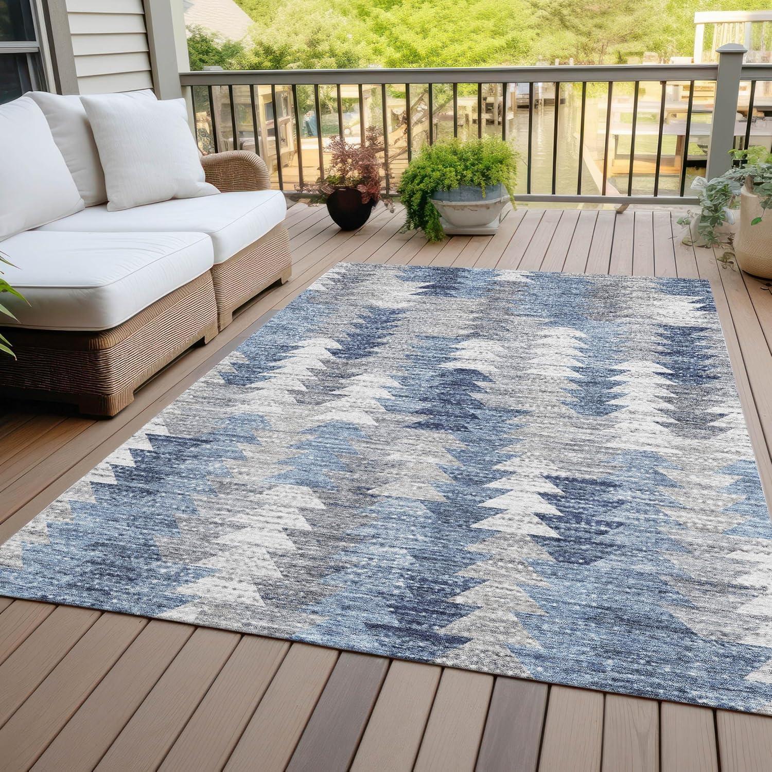 Blue and Gray Geometric Pattern Washable Rug