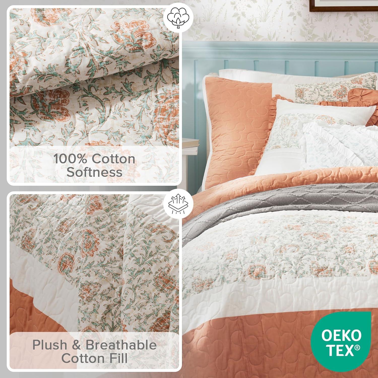 Madison Park 6pc King/California King Reversible Stella Percale with Throw Pillows Quilt Bedding Set Coral: Includes Embroidered Details