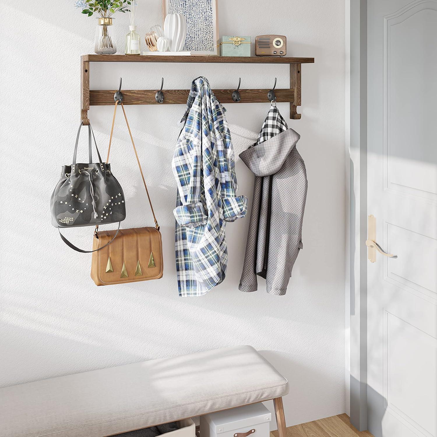 AMBIRD 28.9 Inch Length Shelf with Hooks Entryway Coat Rack Wall Mount Wood Coat Hooks with Shelf Wall-Mounted Coat Hook Rack with 5 Dual Hooks for Bathroom, Living Room, Bedroom (Brown)
