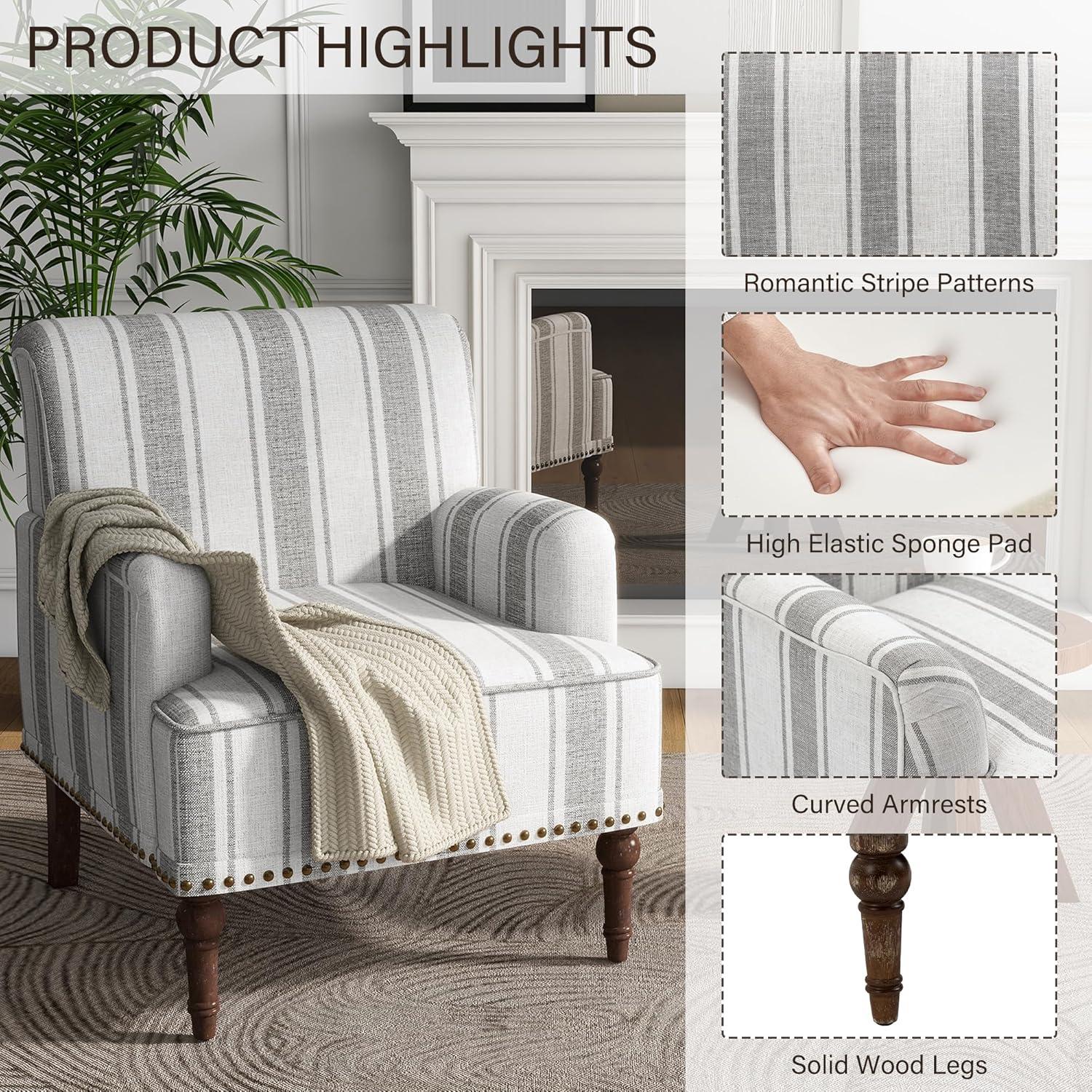 Gray Striped Barrel Accent Chair with Nailhead Trim