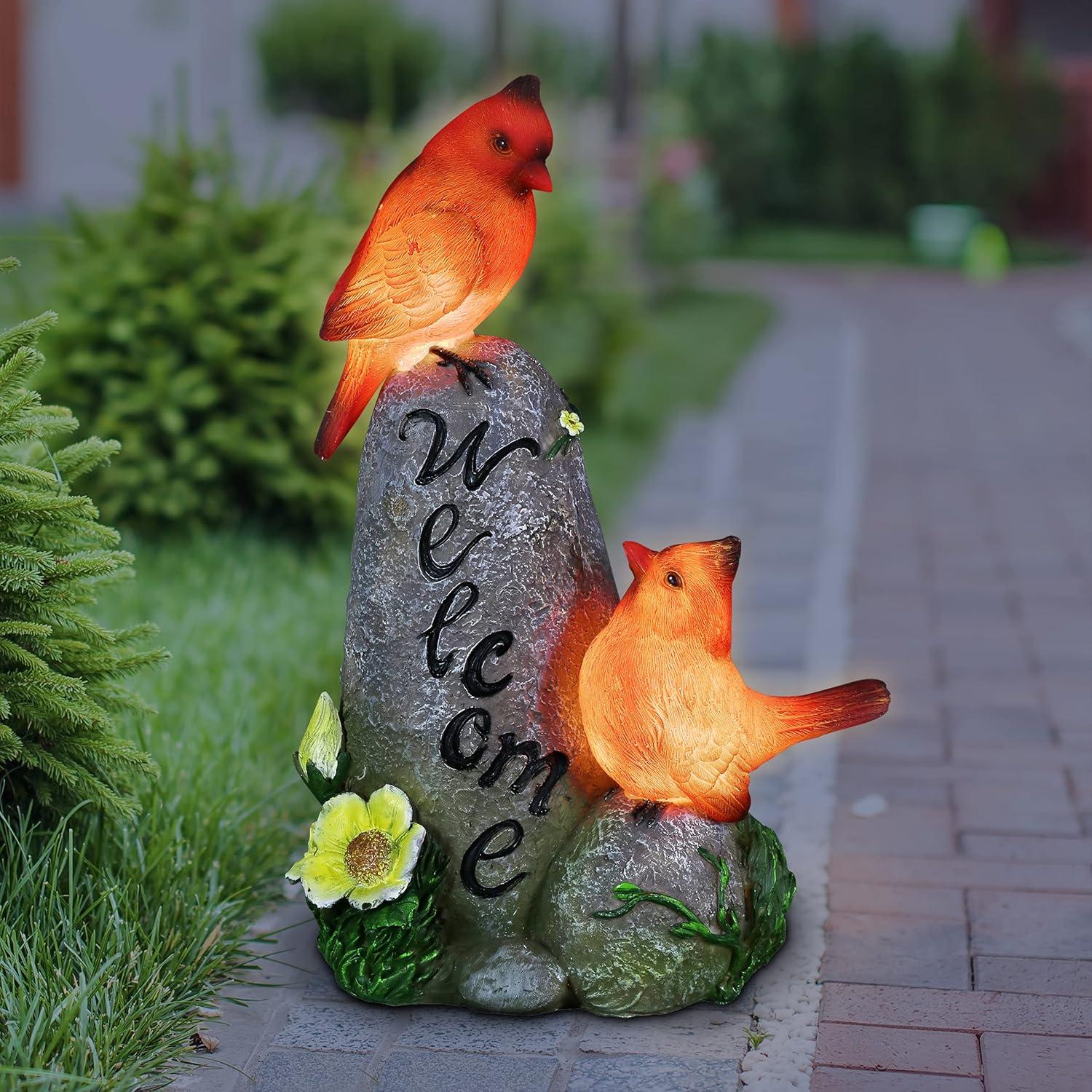 Exhart Exhart Solar Cardinals On A Hand Painted Welcome Rock Garden Statuary, 12 Inches