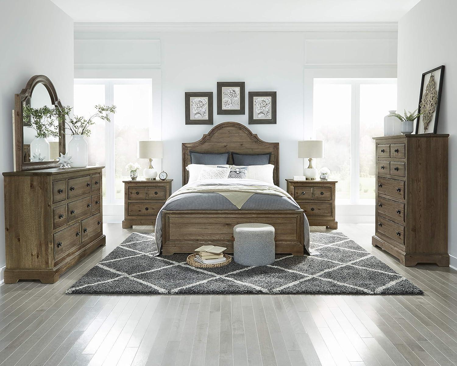 Caramel Brown Pine Wood King Panel Bed with Arched Headboard