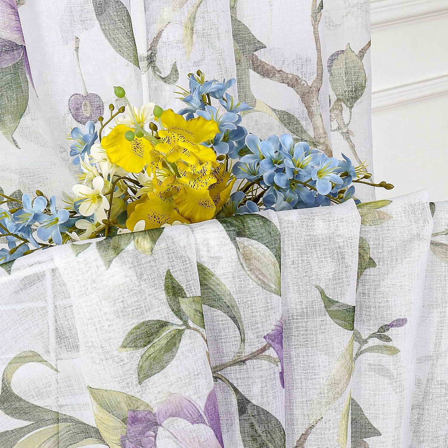 Tollpiz Floral Sheer Curtains Purple Cherry Flower Butterfly Print Living Room Curtain Rod Pocket Voile Linen Look White Sheer Curtains for Bedroom, 54 x 63 inches Long, Set of 2 Panels