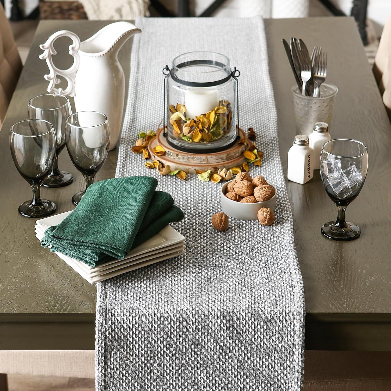 Design Imports  Woven Jacquard Fringe Table Runner, Gray, 15X72"